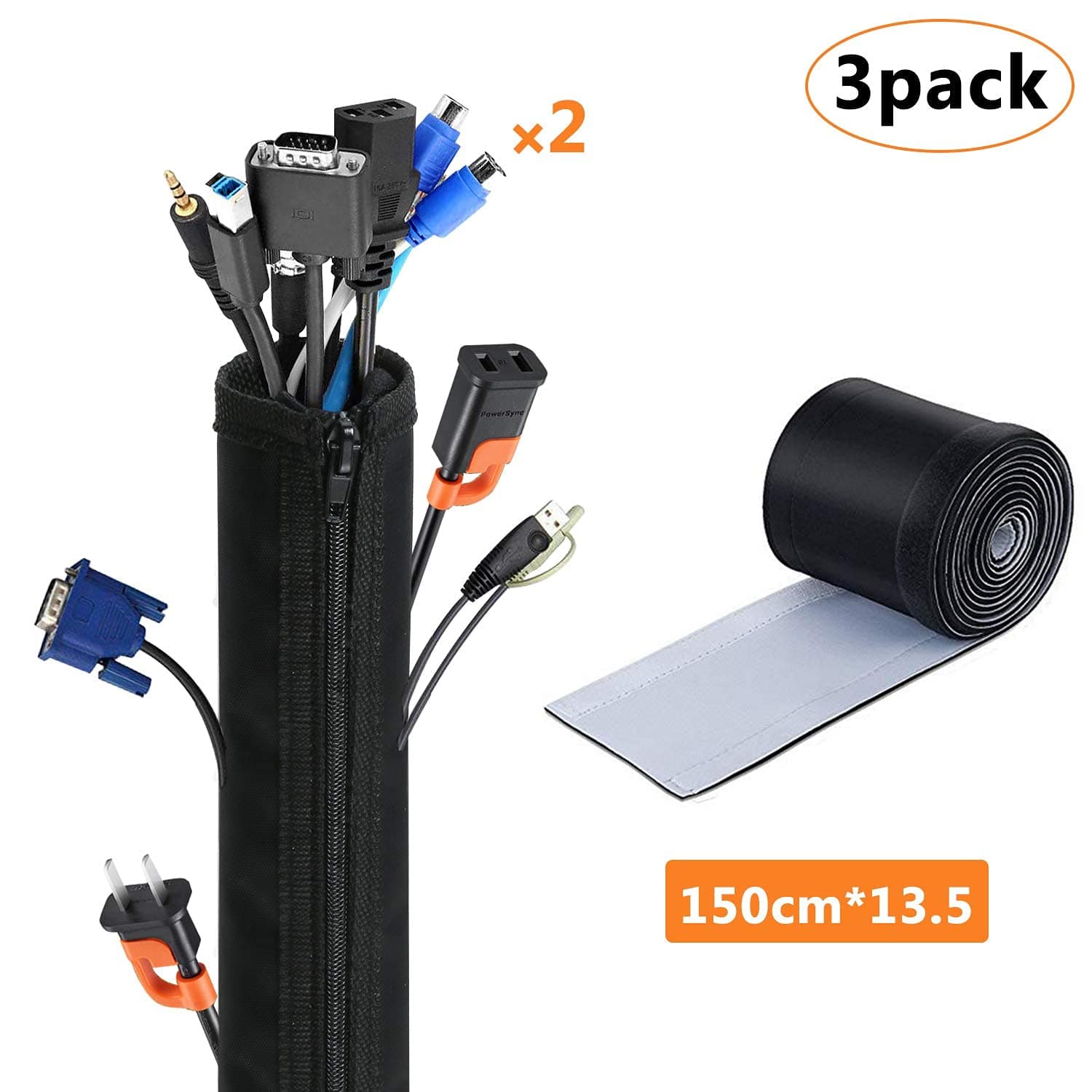 Bearbro Cable Management Sleeve,Neoprene Adjustable Cable Sleeves for TV Computer Management Sleeves for PC/Home Theater/Speaker Home Entertainment Center(150x13,5cm)