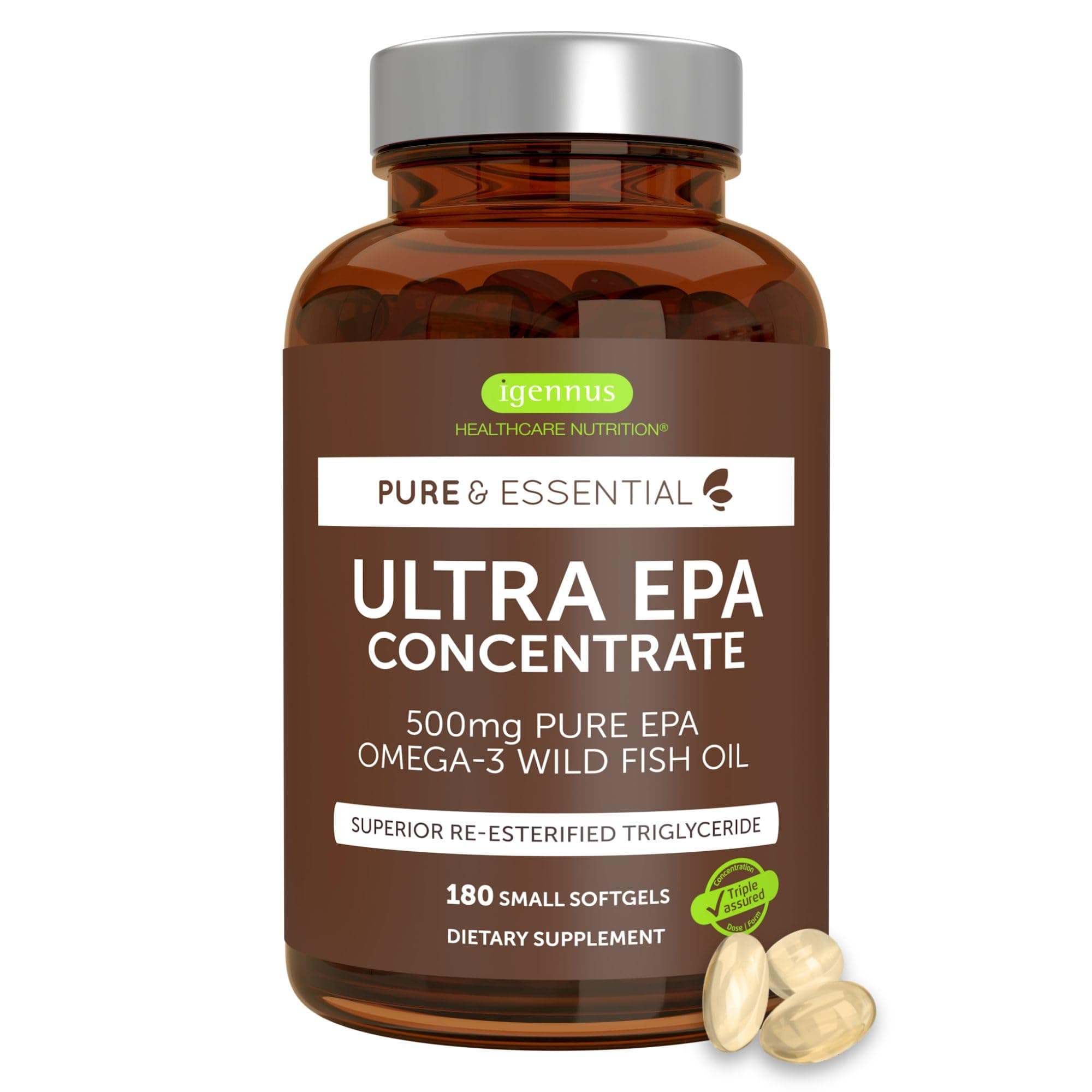 Igennus Ultra Pure Omega-3 EPA 500mg, Highly Concentrated IFOS Certified Wild Fish Oil, Advanced rTG Triglyceride Form, Non-GMO, 180 Small Softgels
