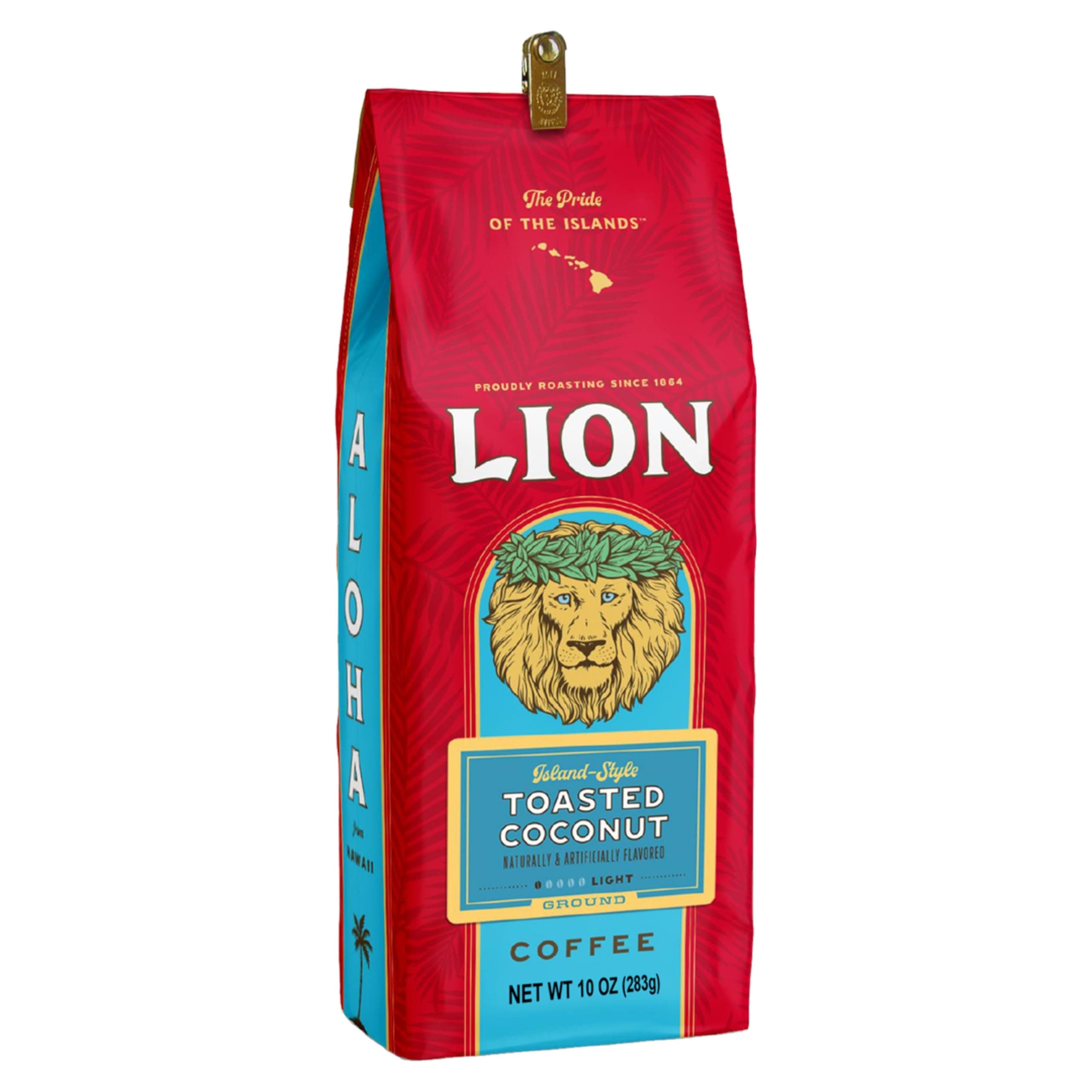 Lion Coffee, Arabica Coffee Beans, Light Roast, Premium Ground Coffee, Toasted Coconut Flavor, A Taste of Aloha, 10 Ounce Bag