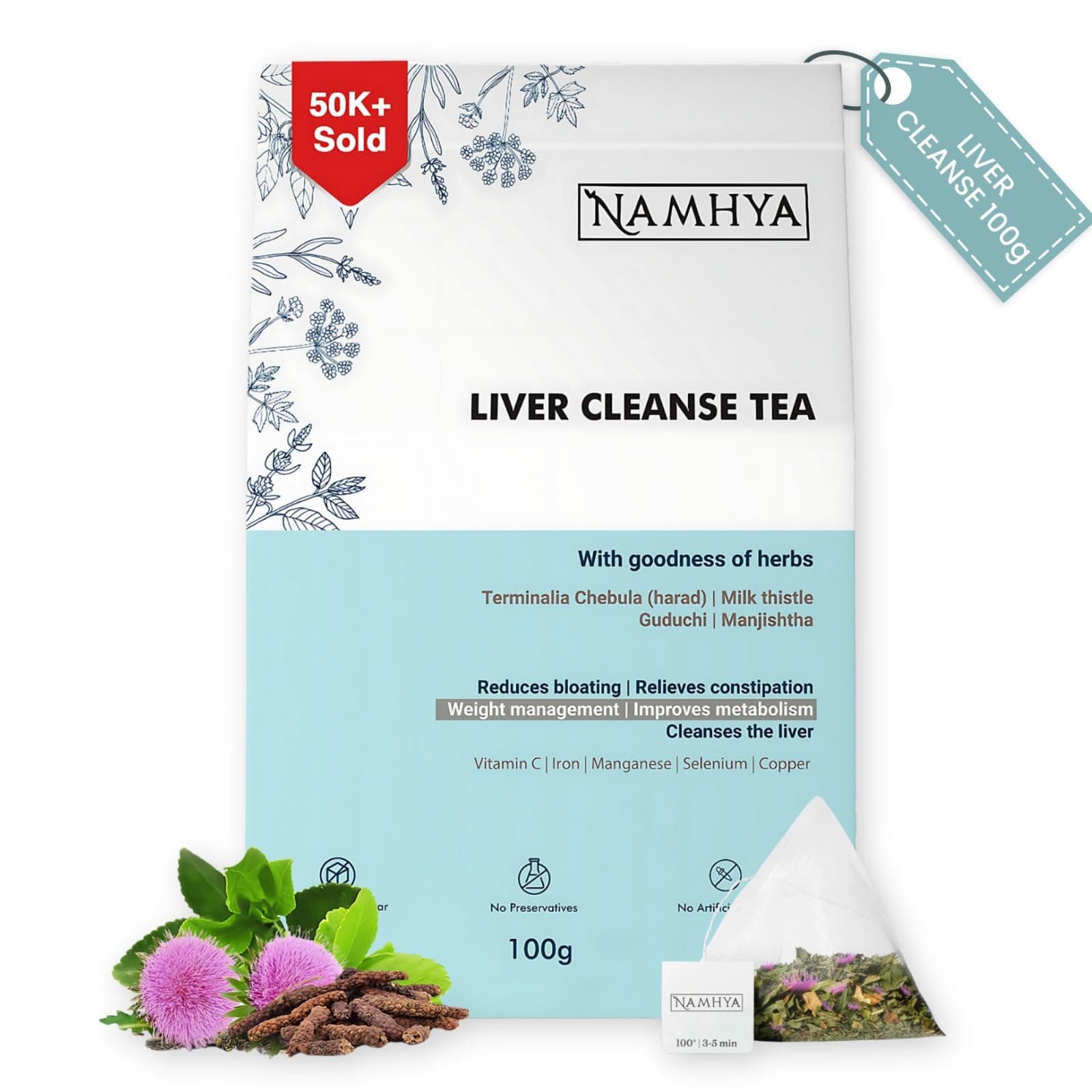 Namhya Herbal Liver Detox Tea | Fatty Liver Support Ayurvedic Blend with Milk Thistle & Harad | Helps Liver Cleansing, Digestion, Metabolism & Toxin Flush | Natural Caffeine Free | 100 gram