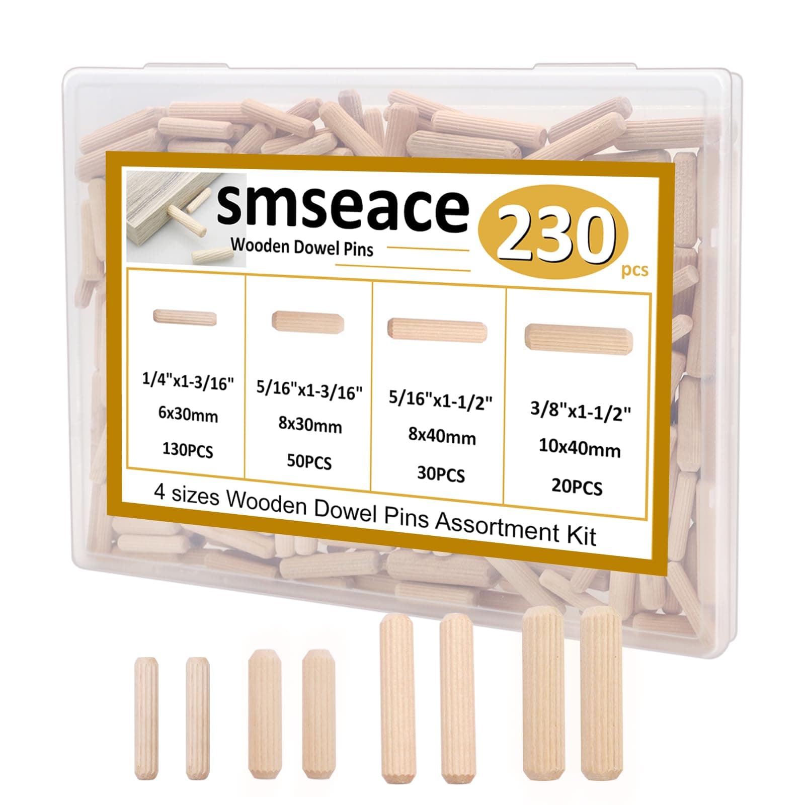 smseace 230Pcs Wooden Dowel Pins 1/4inch 5/16inch 3/8inch, Fluted Wood Dowels Rods for Crafts, Furniture, DIY Manual