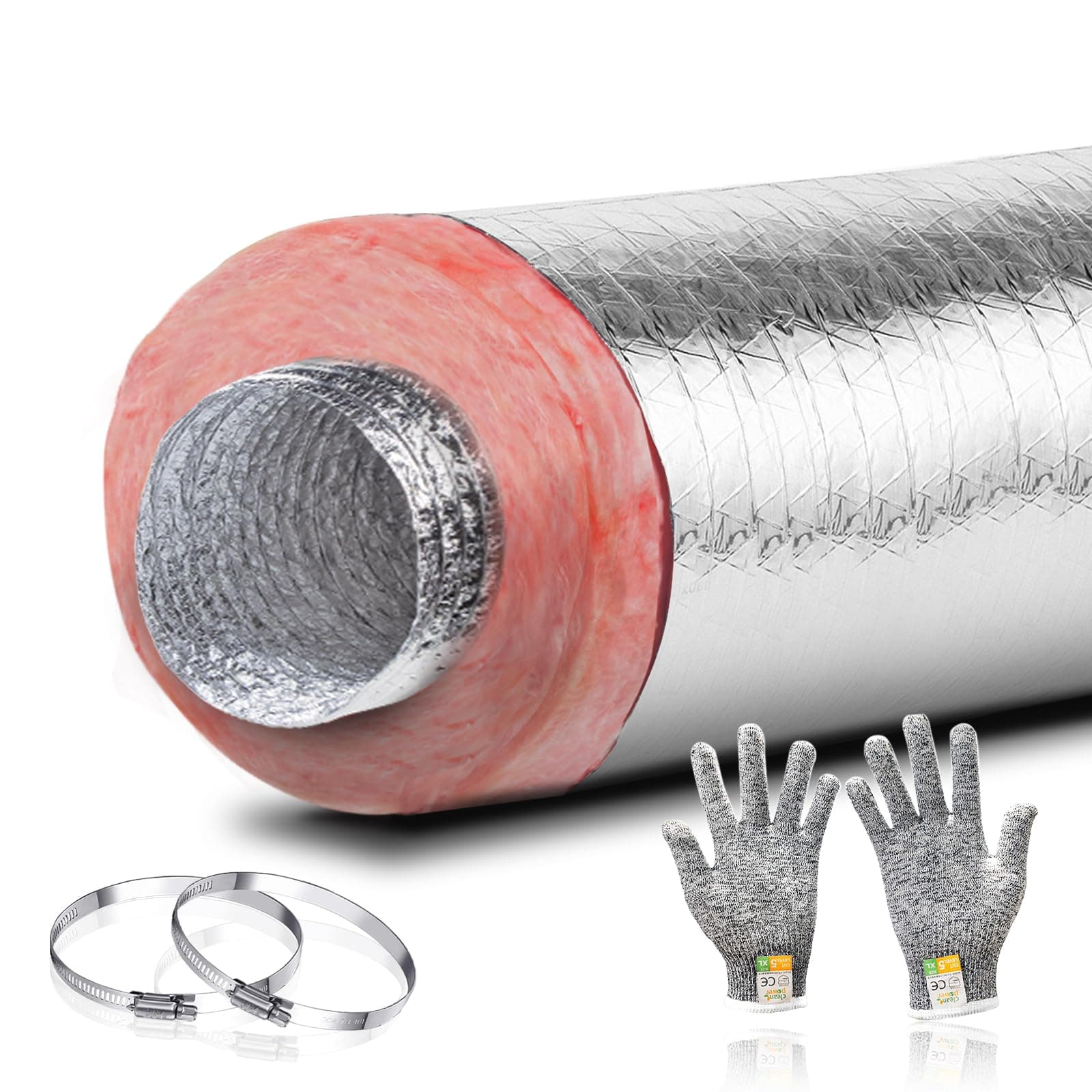 6 Inch Insulated Flexible Duct R6 Silver Jacket 25 Feet Long with 2 Clamps,Used in Standard Heating and Air Conditioning (HVAC)