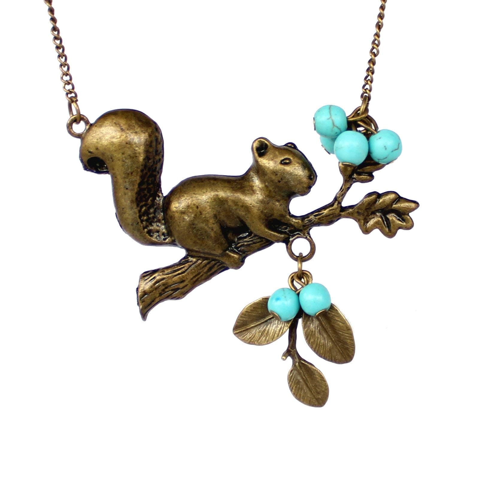 Squirrel Necklace Squirrels Picking Pine Nuts Turquoise Necklace Autumn Necklace, Animal Necklace