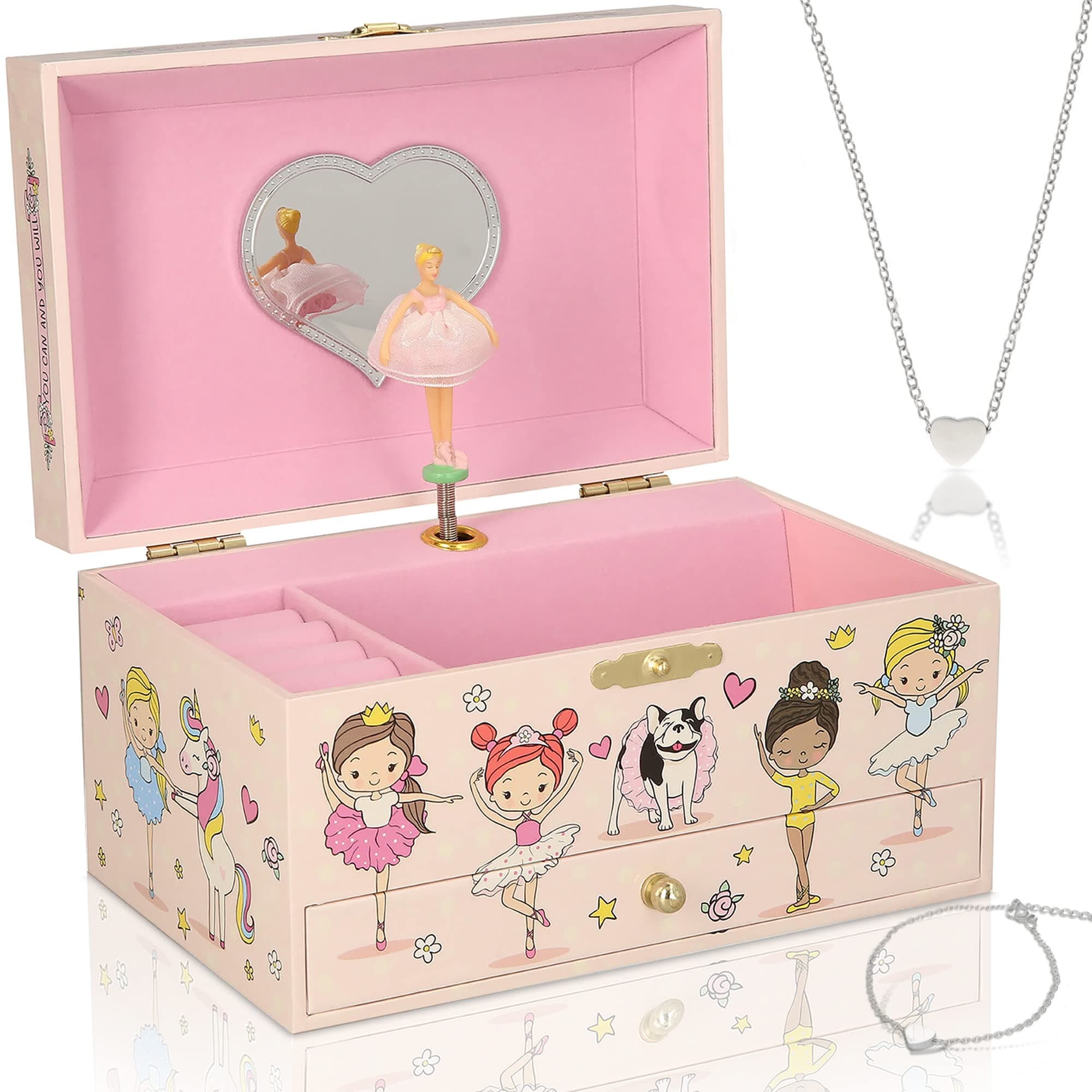 Furry Smile Ballerina Musical Jewelry Box for Girls - Glow In The Dark - Organizer with Heart Necklace and Bracelet Set - Cute Ballerina Music Box for Little Girls