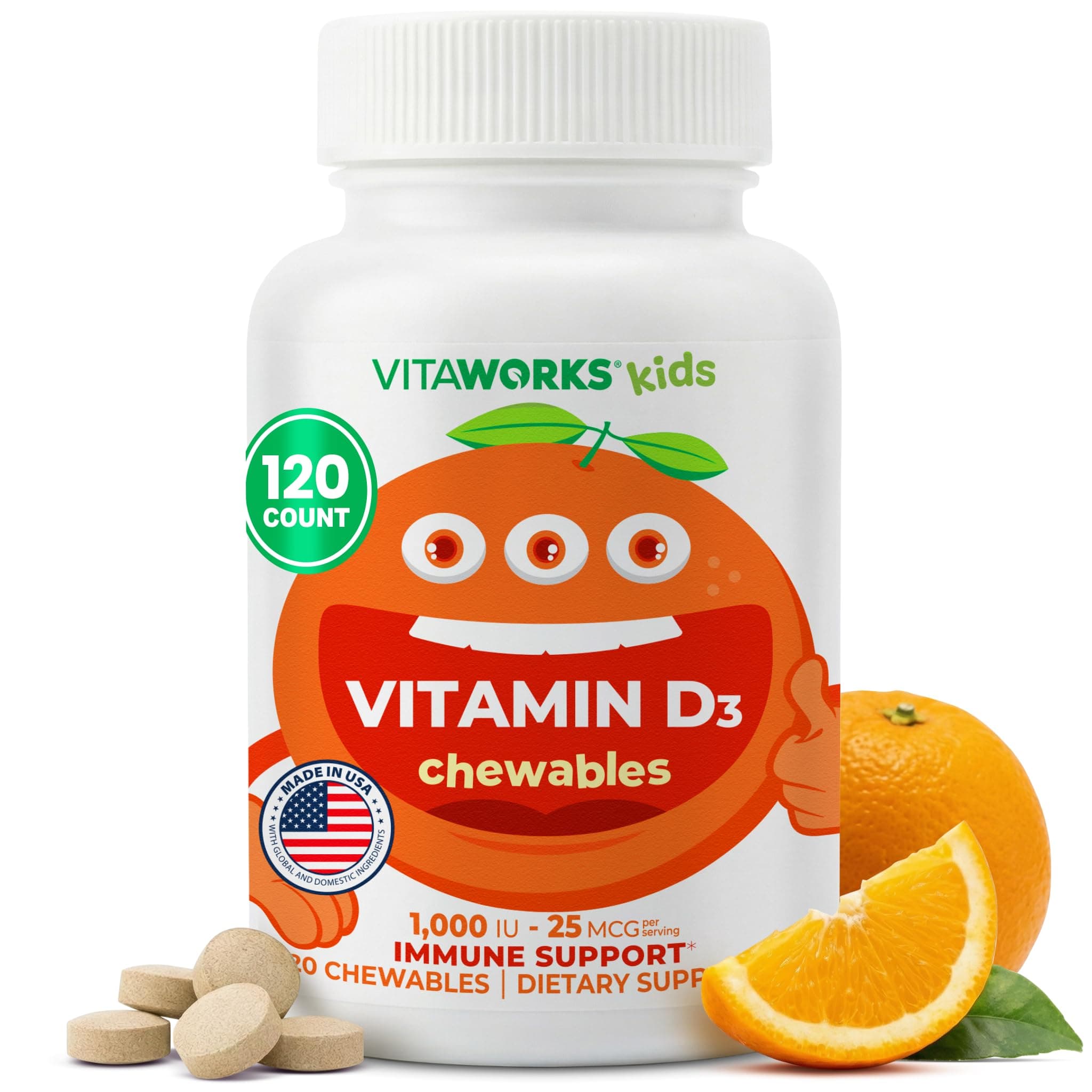 Kids Vitamin D 1000 IU Chewable Tablets - Tasty Natural Orange Flavor - Vegan, GMO-Free, Gluten Free, Nut Free Vitamins - Dietary Supplement for Immune Support - for Children - 120 Chewables