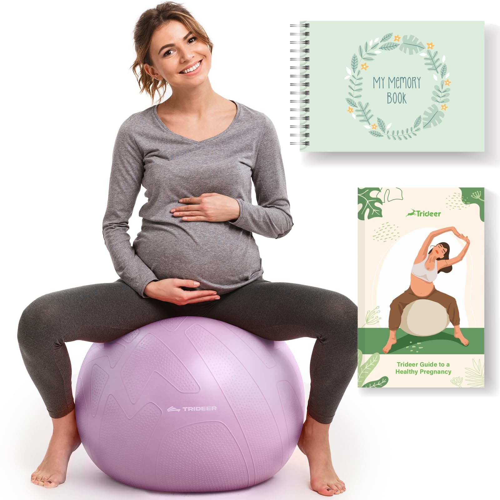Trideer Pregnancy Birthing Ball, 1.7mm Extra Thick Yoga Ball for Maternity, Labor, Physio, Recovery, Exercise Guide & Daily Comfort Tips for All Trimesters, 1000LB Anti-Burst Non-Slip Stability Ball