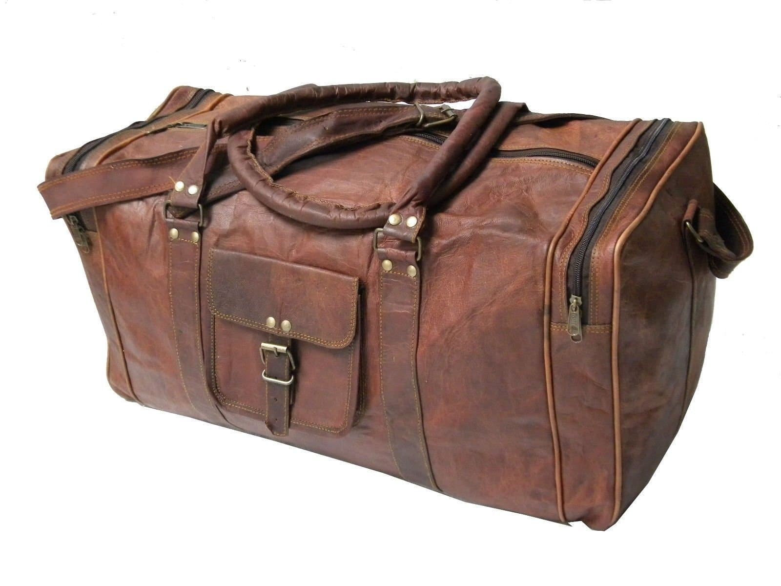 24" Men'S Genuine Leather Jeans Duffle Travel Overnight Gym Bag Big Brown