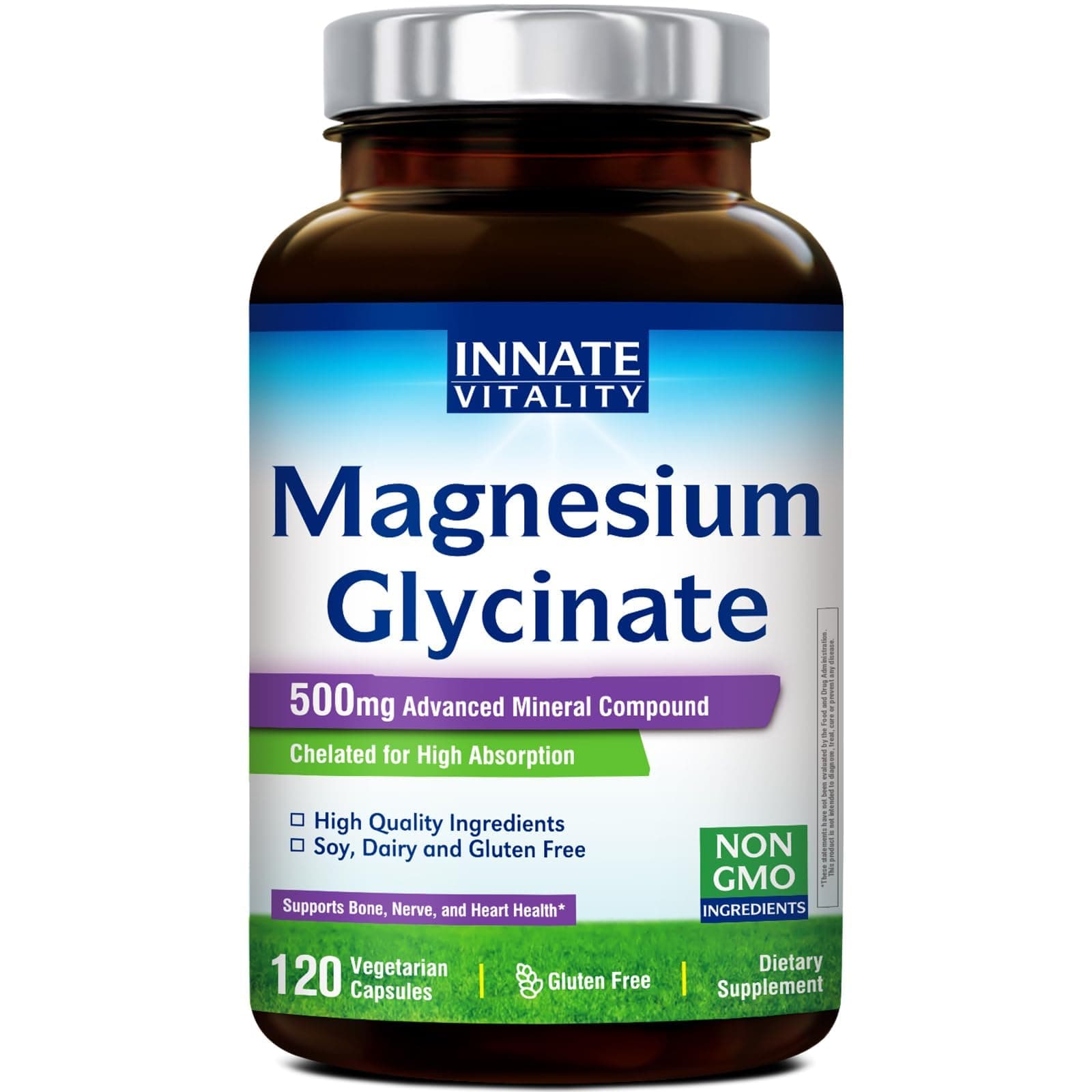 Magnesium Glycinate 500mg, Providing Premium Quality Elemental Magnesium 70mg, Non-GMO & No Gluten, Supports Nerve, Muscle, Bone & Heart Health, 120 Vegetarian Capsules