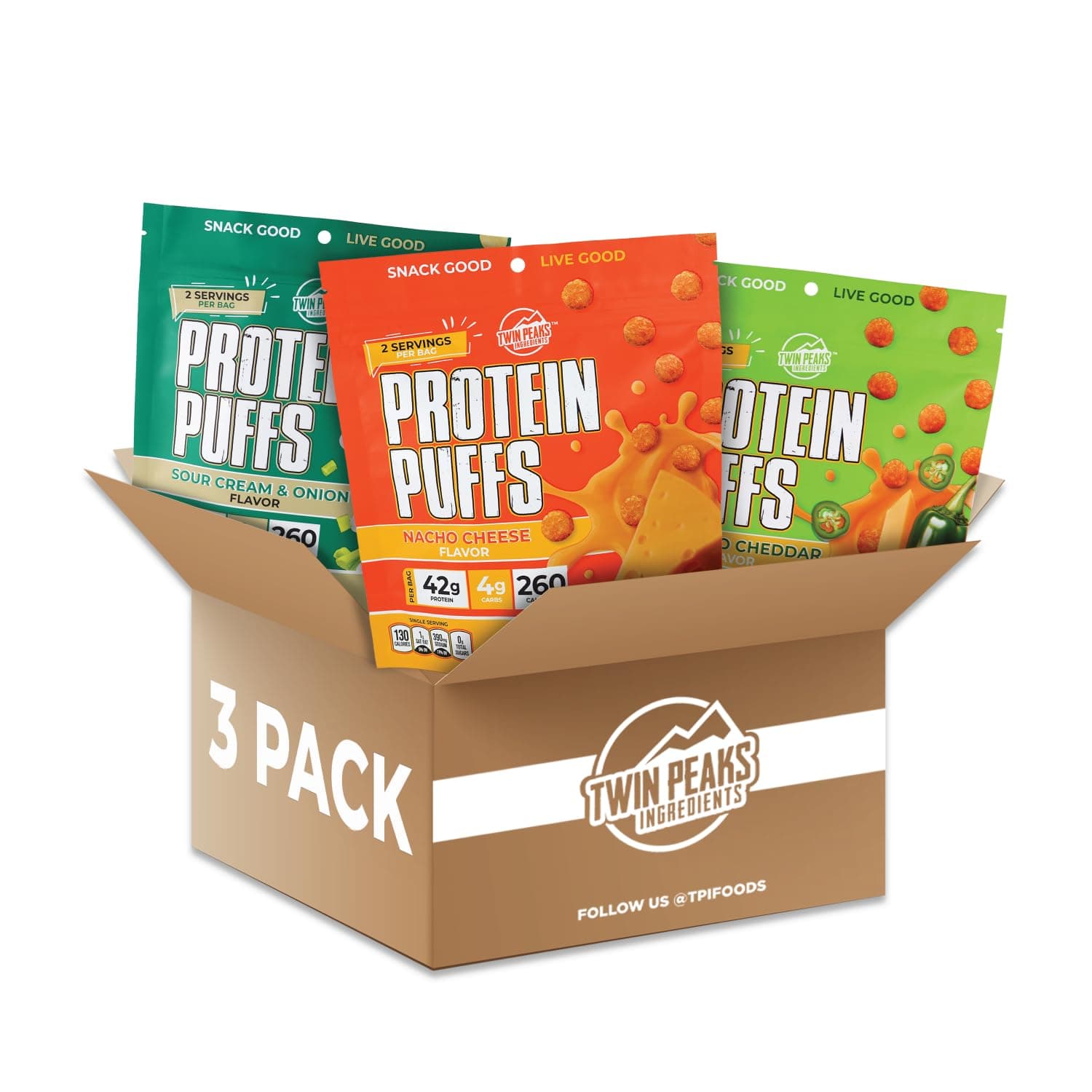 TWIN PEAKS INGREDIENTS Low Carb, Keto Friendly Protein Puffs, (Combo Pack, 2.1 Ounce), 2 Servings, 3 Pack (60g, 42g Protein, 4g Carbs)