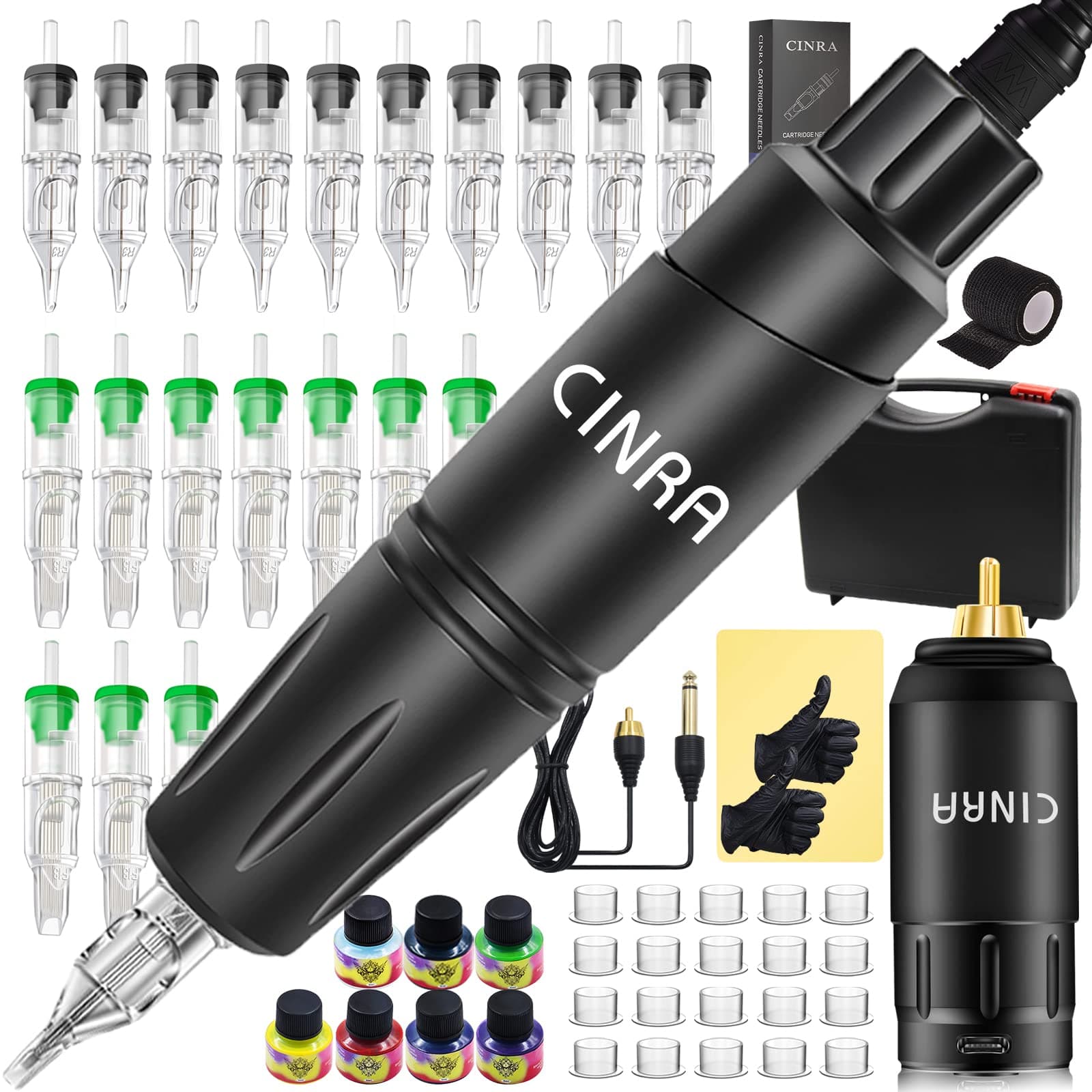 CINRA Tattoo Kit, Complete Tattoo Machine Kit Cartridge Tattoo Machine Pen with 20Pcs Tattoo Cartridge Needles Tattoo Power Supply Ink Caps Tattoo Ink Practice Skins for Tattoo Beginners