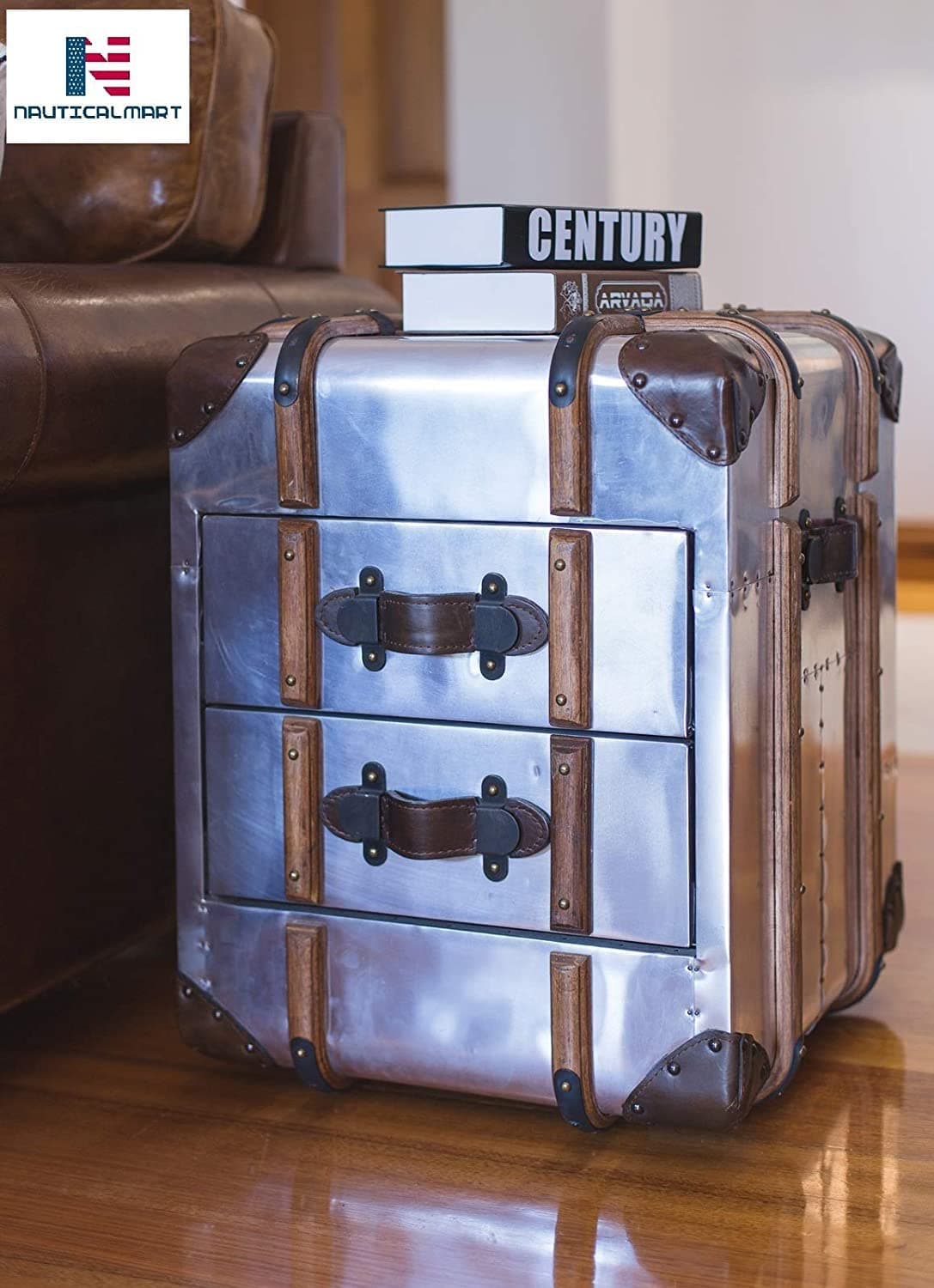 Nautical-Mart Aviator Luggage Trunk Side Table, Soft Close Drawers