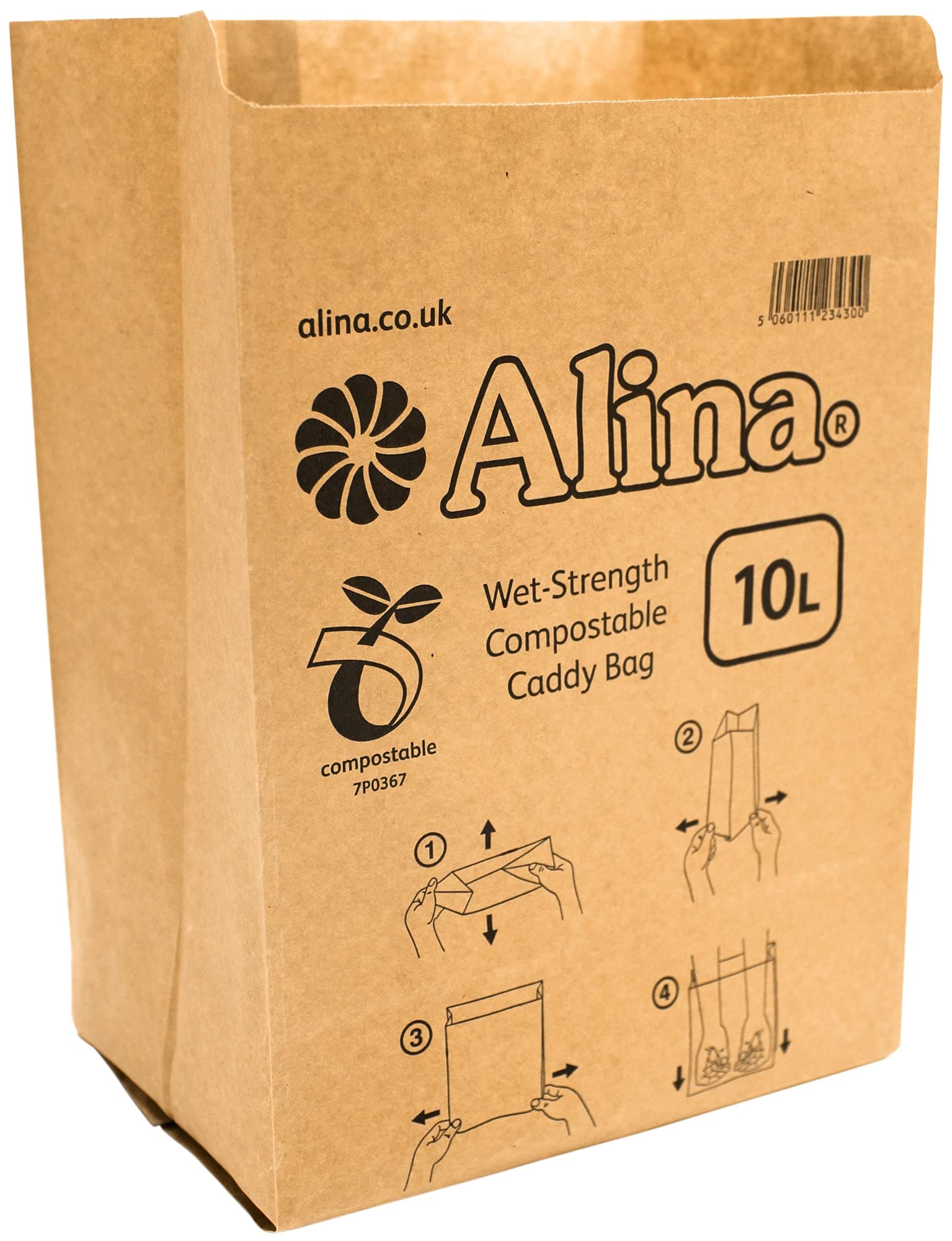 Alina150 x 10L Compostable Paper Caddy Bin Bag/Food Waste Bin Liner/Biodegradable Brown 10 Litre Paper Sack (150 bags)