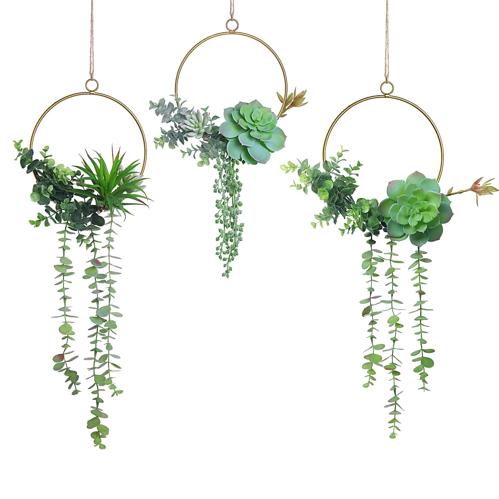 SWTHONY Artificial Succulents Wreath Set of 3 Hanging Gold Geometric Garland Greenery Wall Decor Backdrop