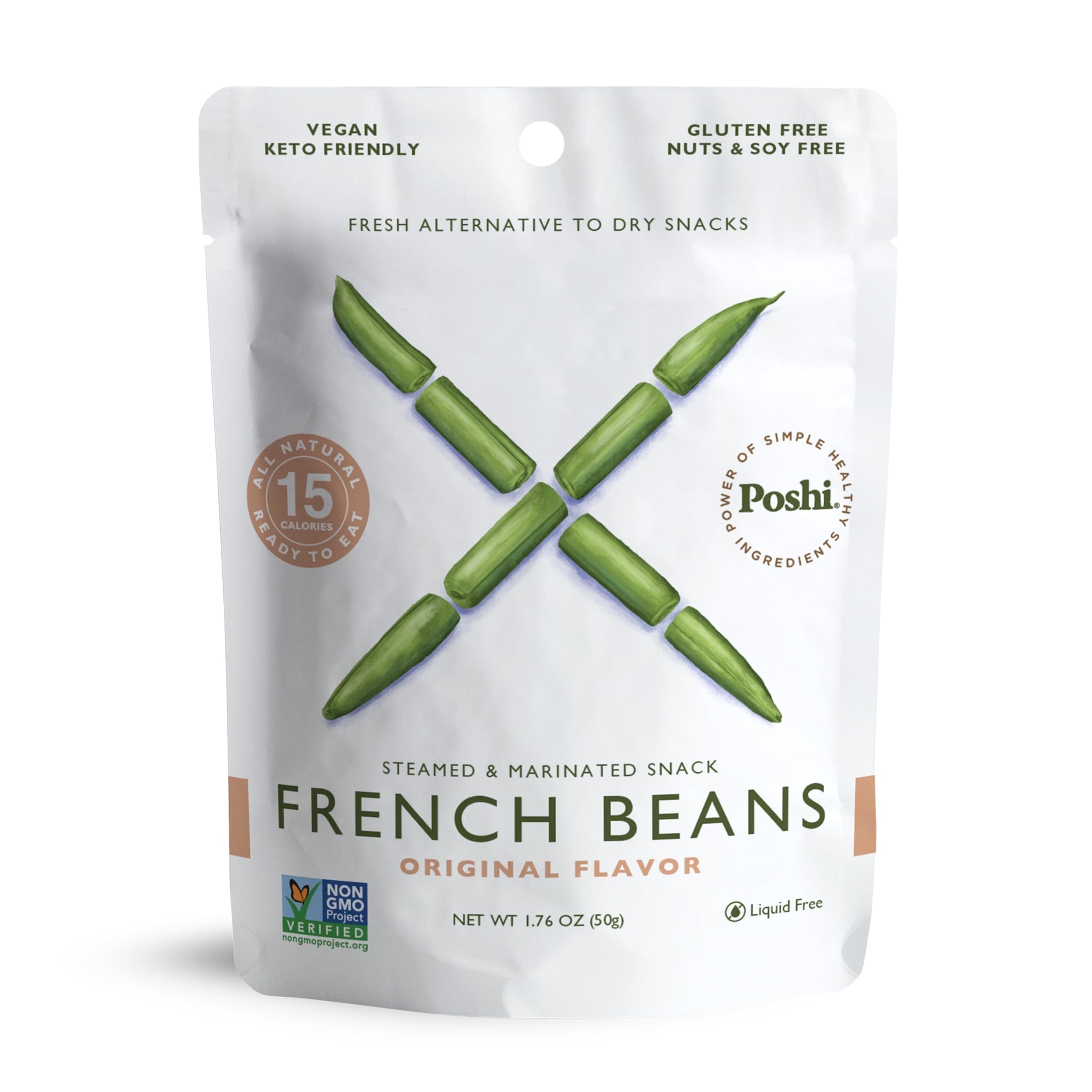 POSHI Marinated French Green Bean Snack Pack | Original Flavor | Keto, Vegan, Paleo, Non GMO, Low Carb + Calorie, Gluten Free, Fully Cooked Vegetables, Gourmet, Healthy, All Natural (10 Pack, 1.76 oz)