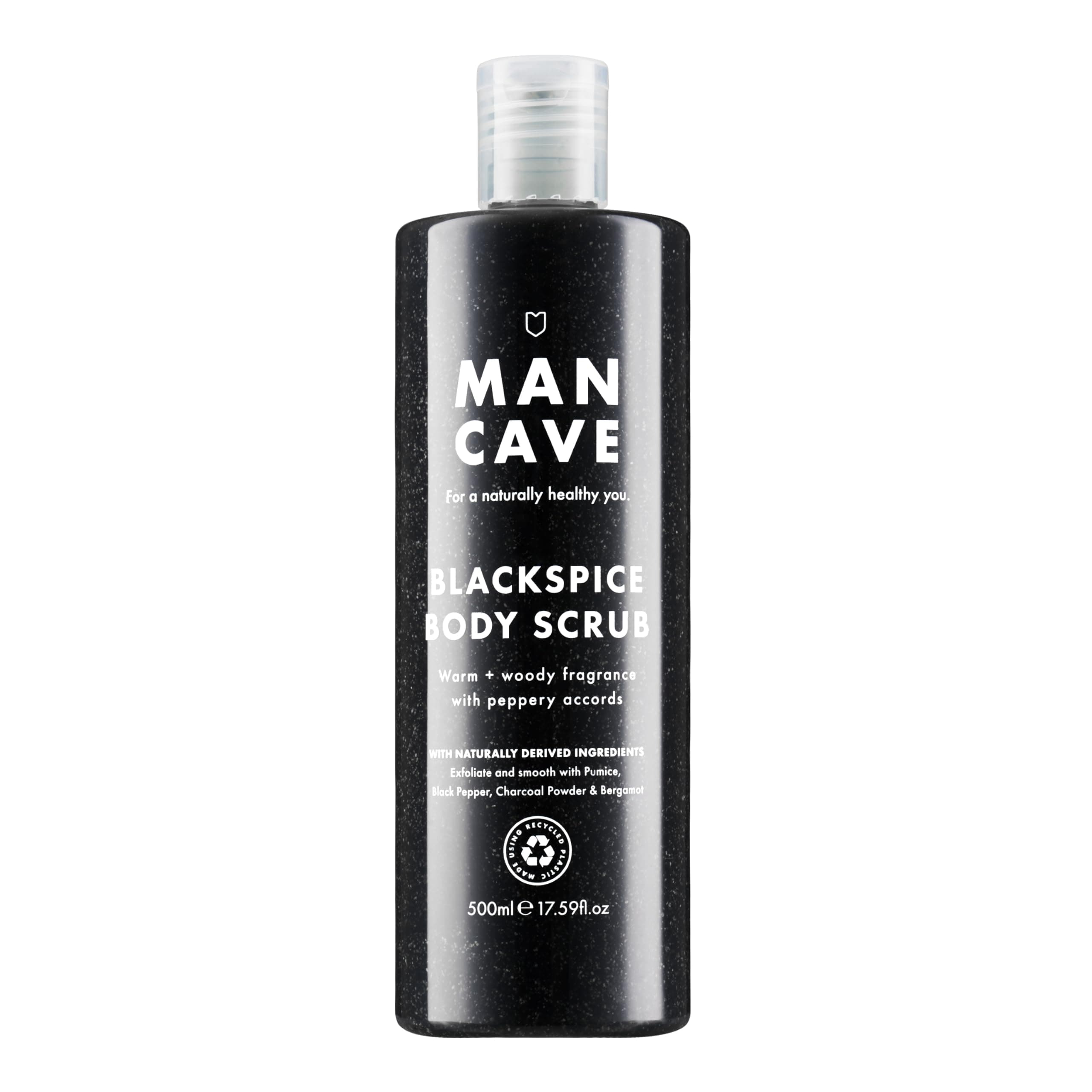 ManCave Blackspice Body Scrub 500ml for Men, Warm & Woody Aroma, Exfoliate & Cleanse Skin with Pumice and Charcoal Powder Scrub, Natural Formulation, Vegan Friendly, Made in England