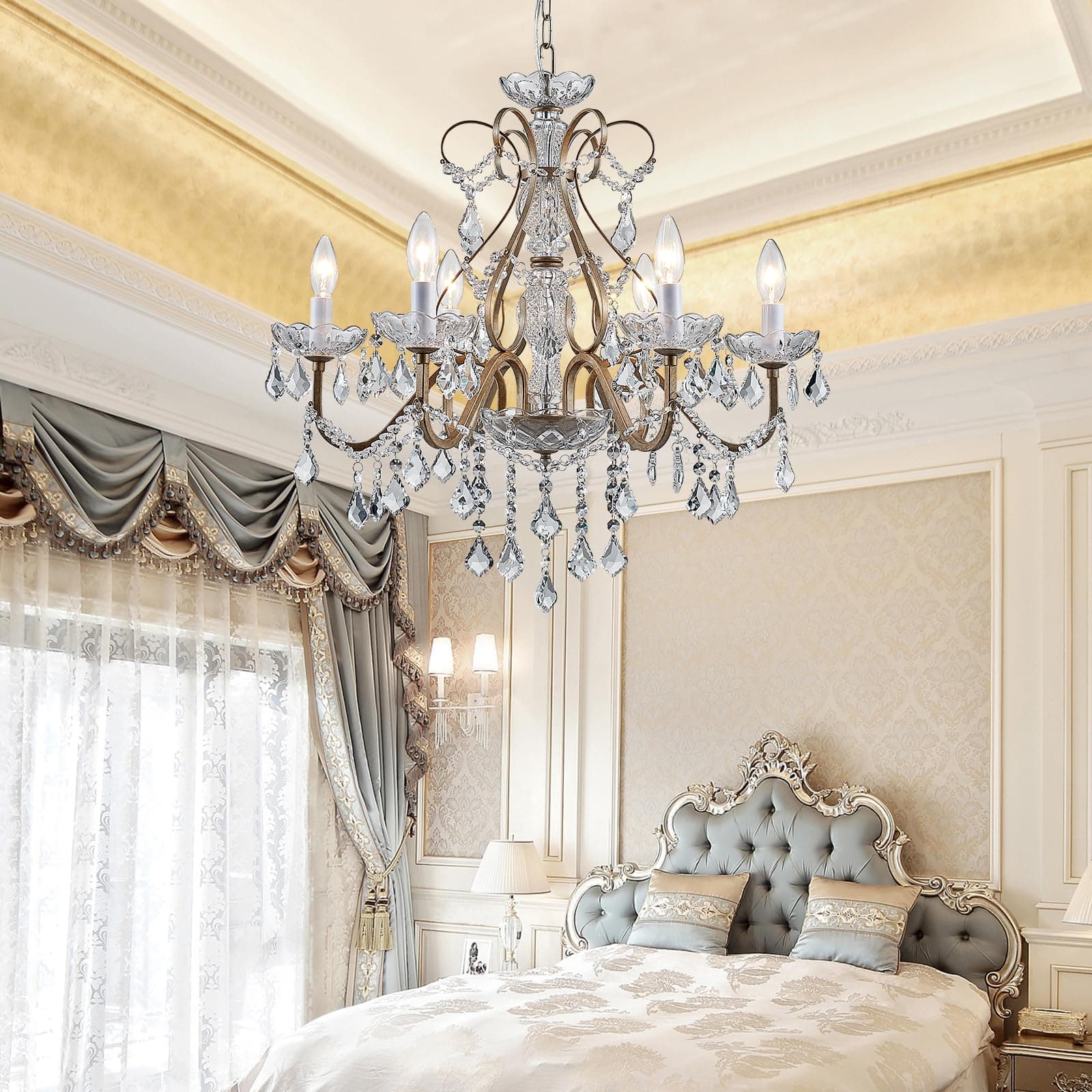 Vintage Antique Silver Crystal Chandelier Chandelier for Dining Room Bathroom Foyer Living Room 6 Bulbs E12 Required D24xH66cm