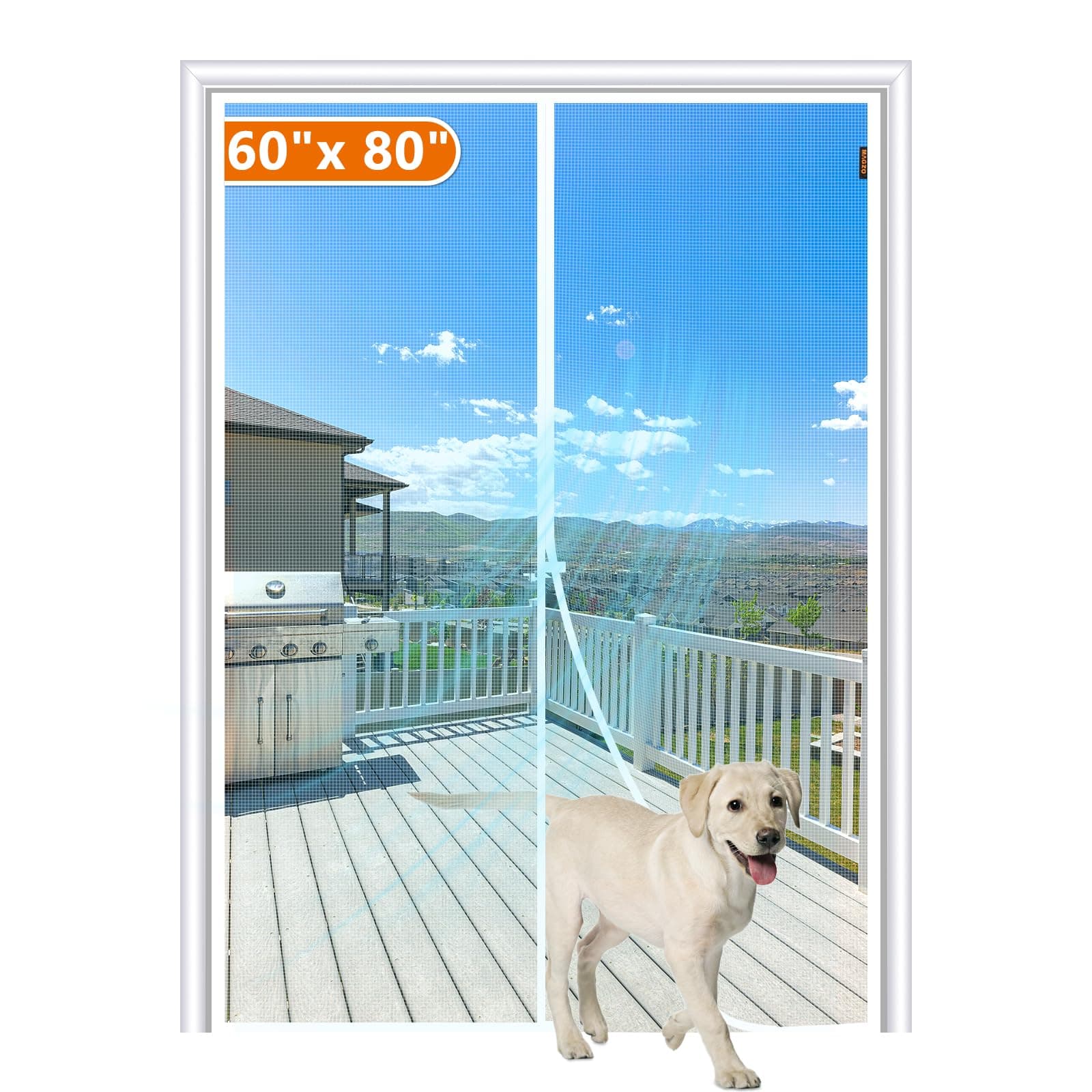 MAGZO Magnetic Screen Door Fit Door Size 60 x 80 Inch, Screen Size 62" x 81" Reinforced Middle Opening Mesh Sturdy Polyester Curtain for Doors-White