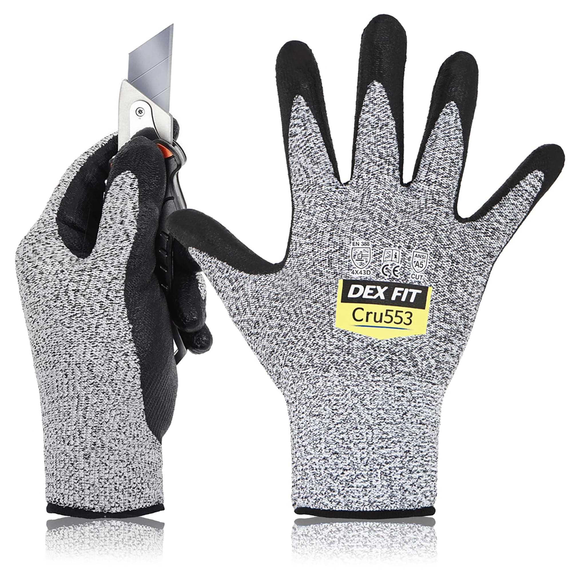 DEX FIT Cru553 Level 5 Cut Resistant Work Gloves, Comfortable Stretch 3D Adaption, Durable Nitrile Grippants, Smart Touch, Thin Light, Washable, Grey 10 (XL) 1 Pair