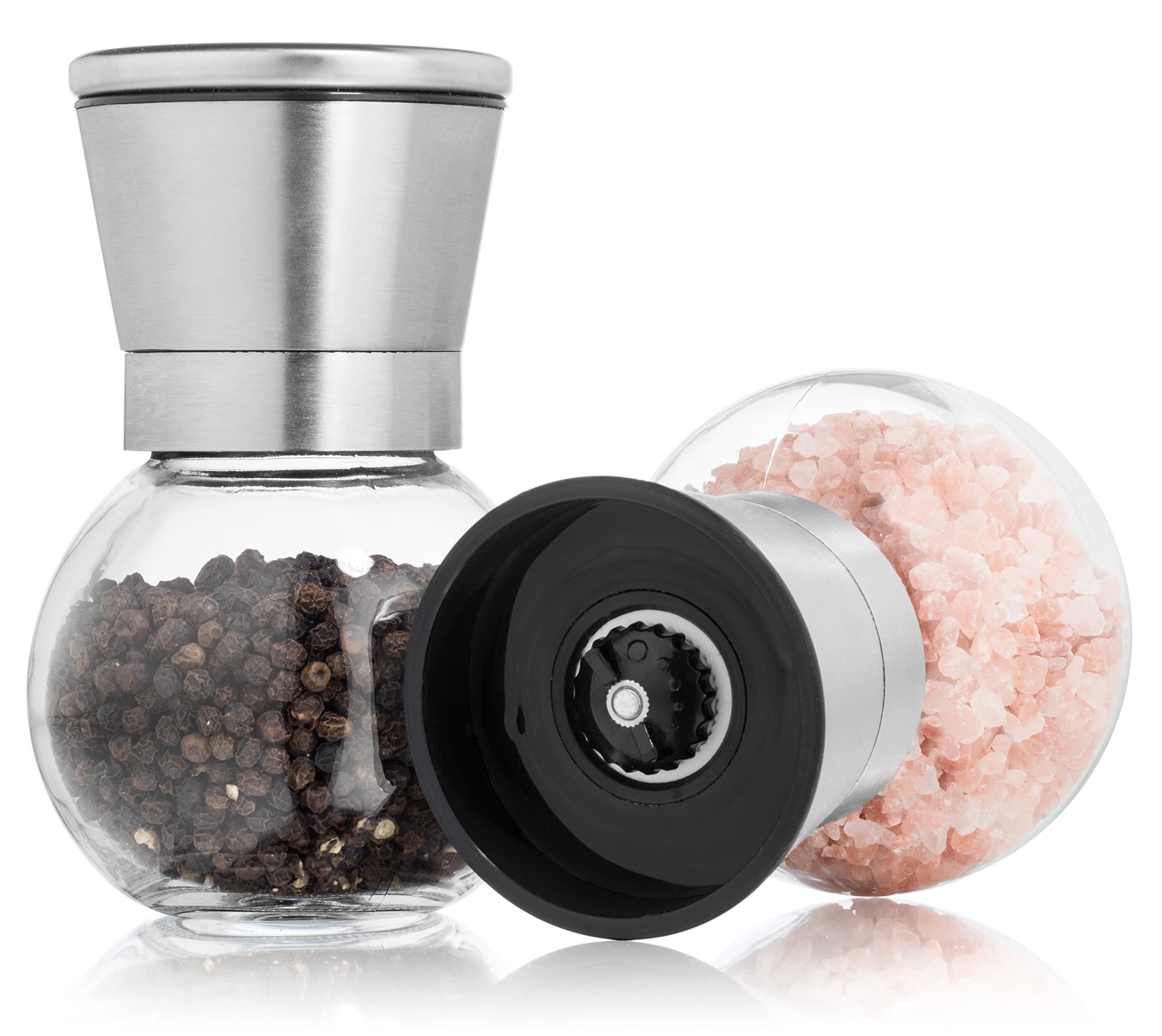 Professional Grade Stainless Steel Salt and Pepper Grinder Set- Salt and Pepper Mill- Spice Grinder- High Quality Lead Free Round Glass Globe Body With Adjustable All Ceramic Rotor By Kitchen Cookery