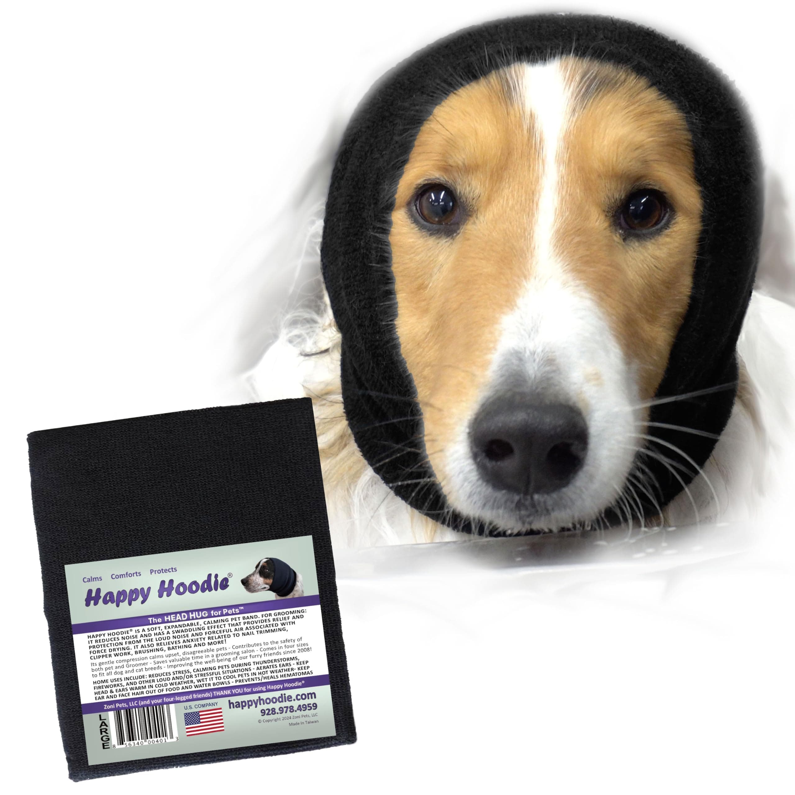 Happy Hoodie The Original Dog & Cat Calming Band - American Brand - Anxiety Relief/Noise Protection - Grooming - Thunder - Fireworks (Large, Black) - Since 2008