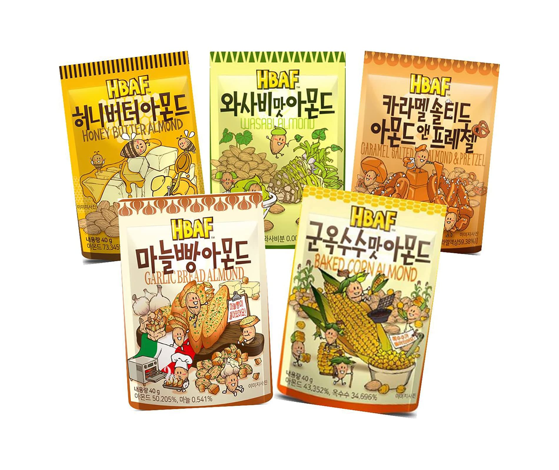 Gilim Farm 5kinds of almond in the 40g Series 40gX5- Cheongyang-Mayo, Garlic-Bread, Wasabi, Honey-Butter, Caramel Salted almond & Pretze Almond- Korean Seasoned Almonds Snack Care Pack 40gx5Packs, Include 1Picture Sticker + 2 Candy