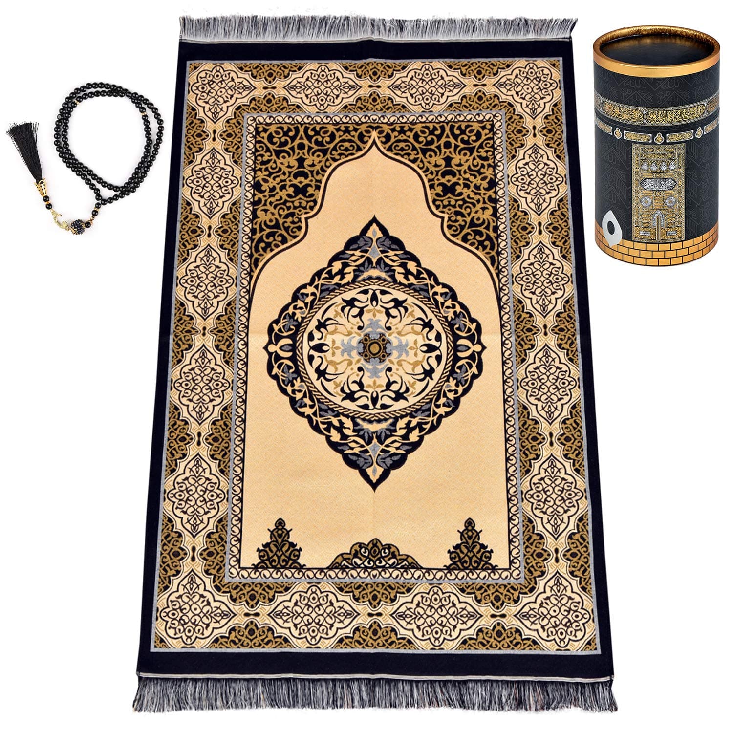 POLAT Muslim Prayer Rug in Kaaba Design Gift Box - Double Sided Prayer Mat Muslim for Men and Women - Perfect Ramadan Gifts - Special Turkish Design Portable Prayer Mat and Prayer Beads 99