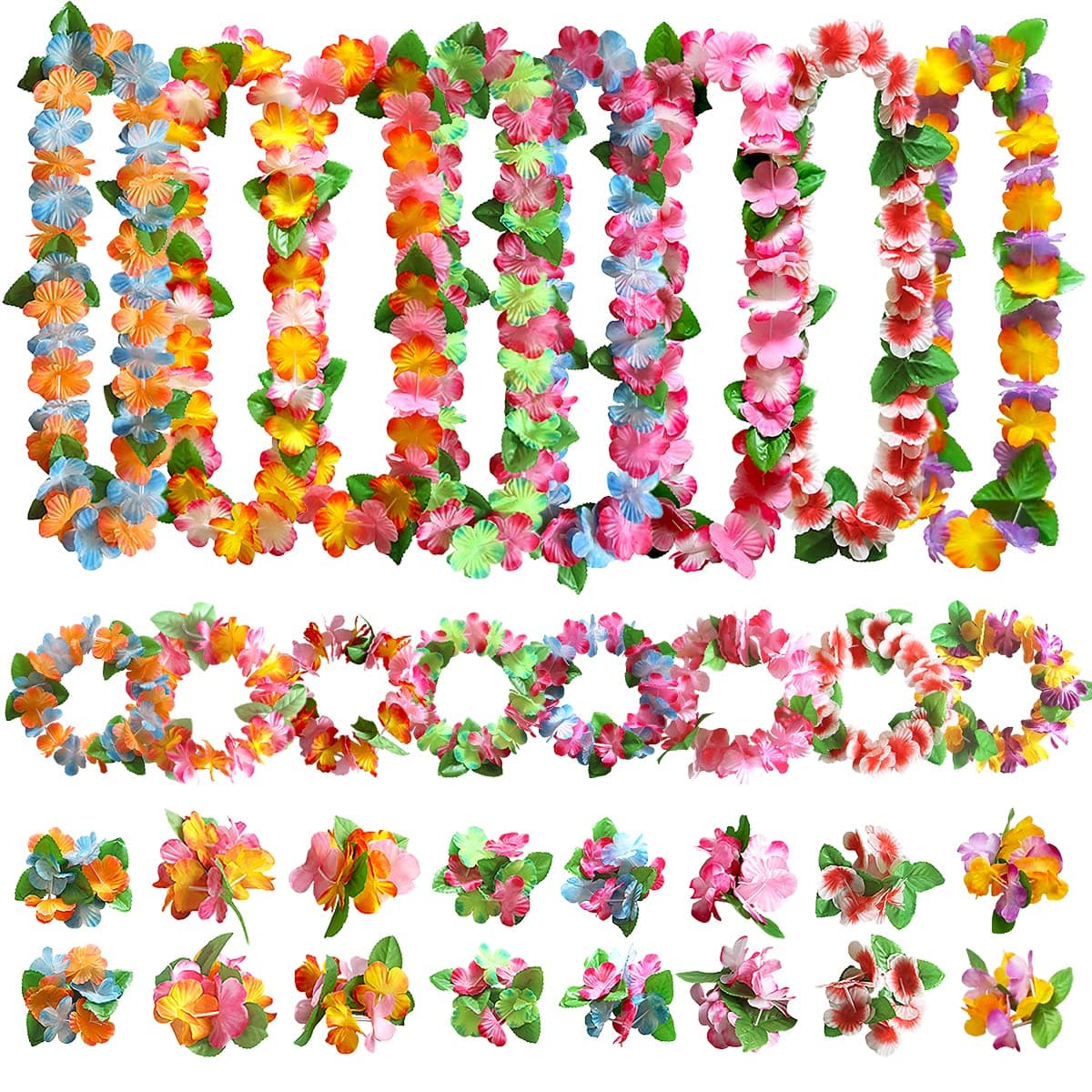 32 Pieces Leis Decorations Flower Necklace, Bracelet Headband, for Hawaiian Tropical Party Theme Beach Party Hawaiian Night Bar Beach Holiday