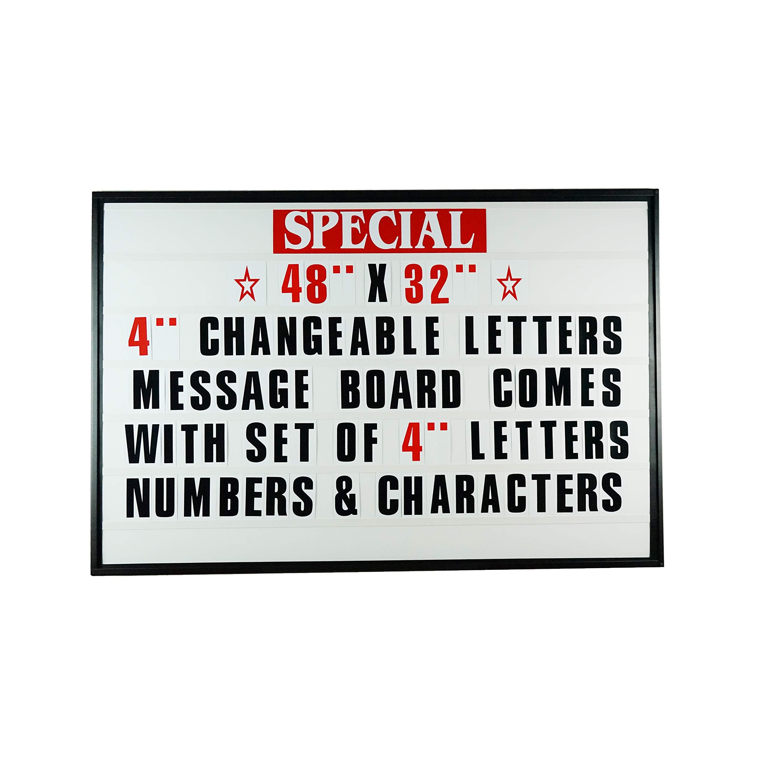 Changeable Letter Board Large 48"x 32" Outdoor Sign with Metal Frame - Clear Acrylic Protection Cover and 4 Inch Black Letters and Red Characters Letters Sign Made in USA!