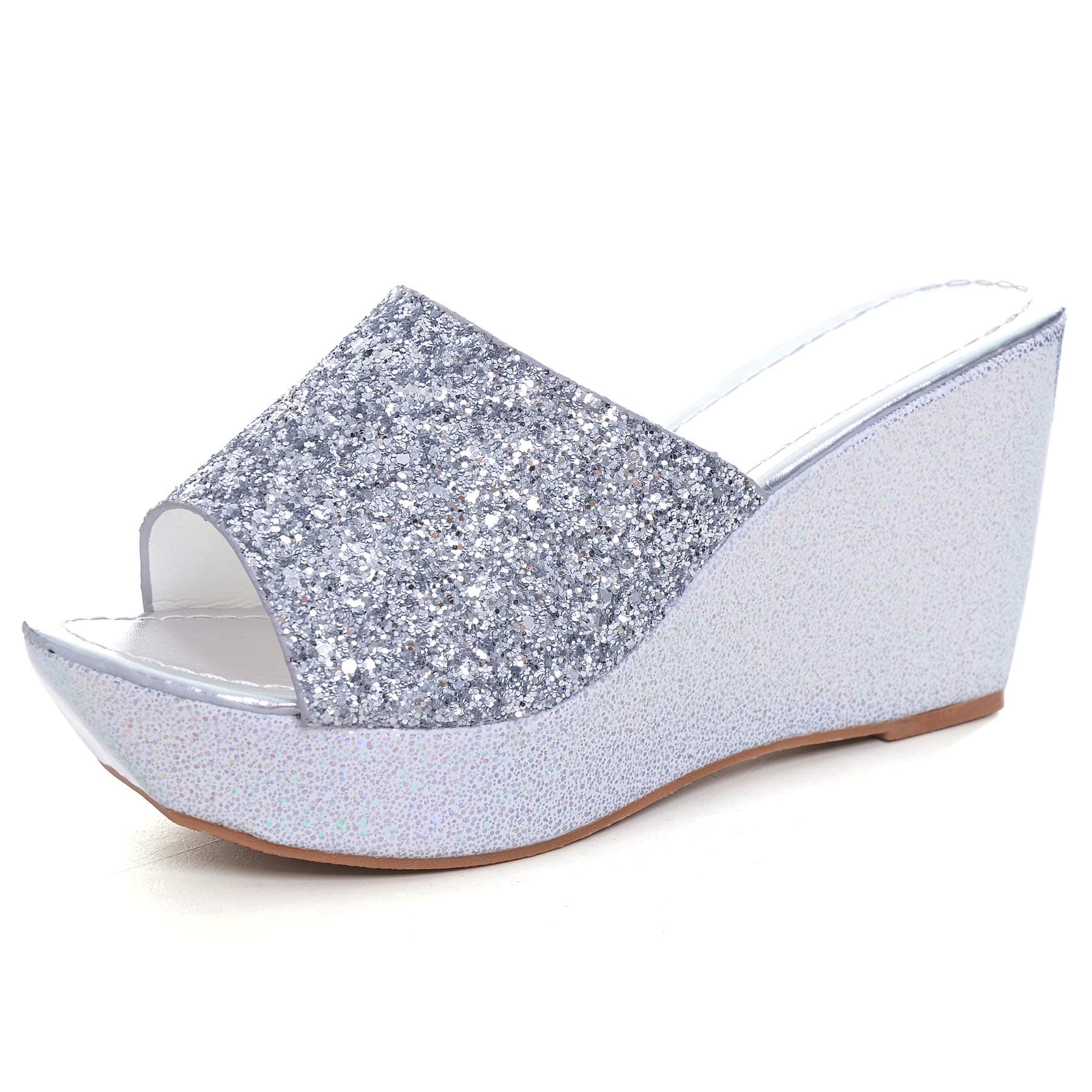 Sequined Bling Women Wedges Slides Sandals Summer Fashion Platform Sandals Mid Heel Peep Toe Dress Slippers Shoes sliver 7-39