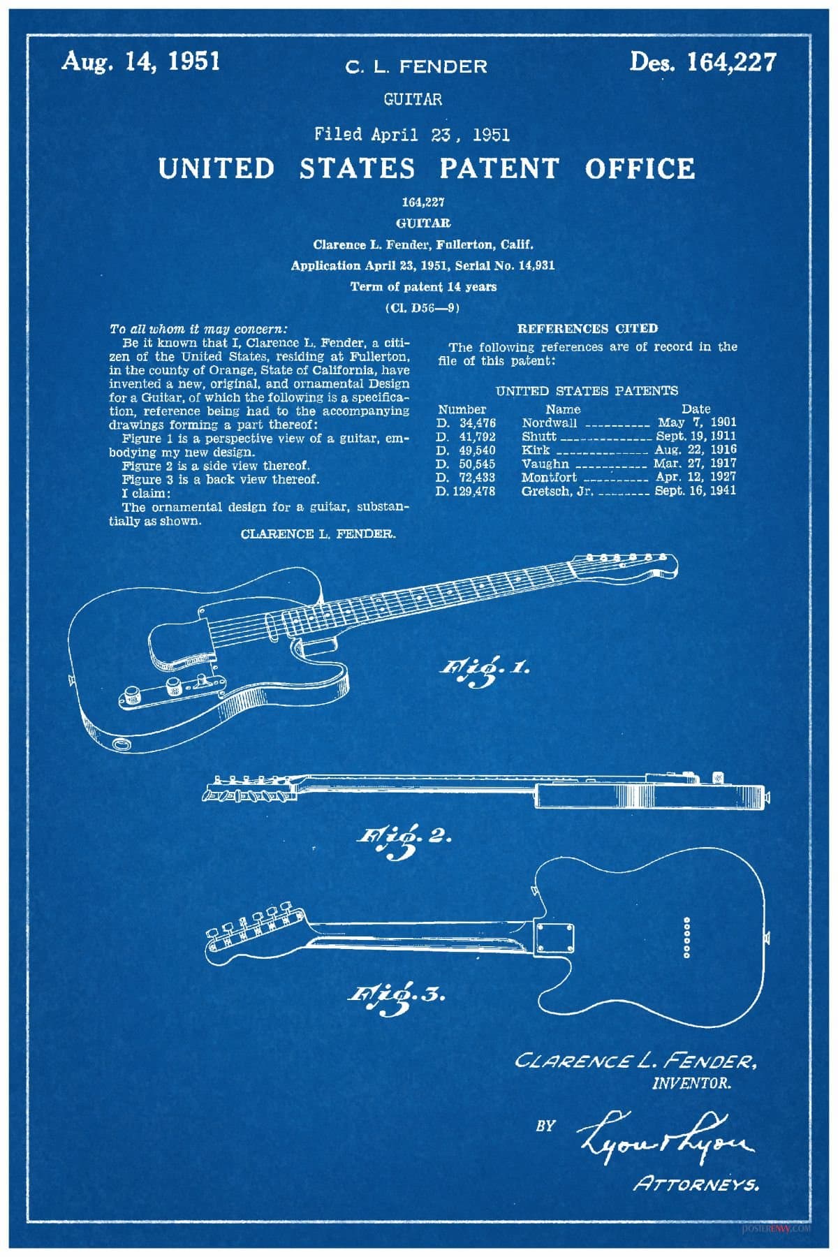 Fender Electric Guitar Patent - NEW Famous Invention Blueprint Poster