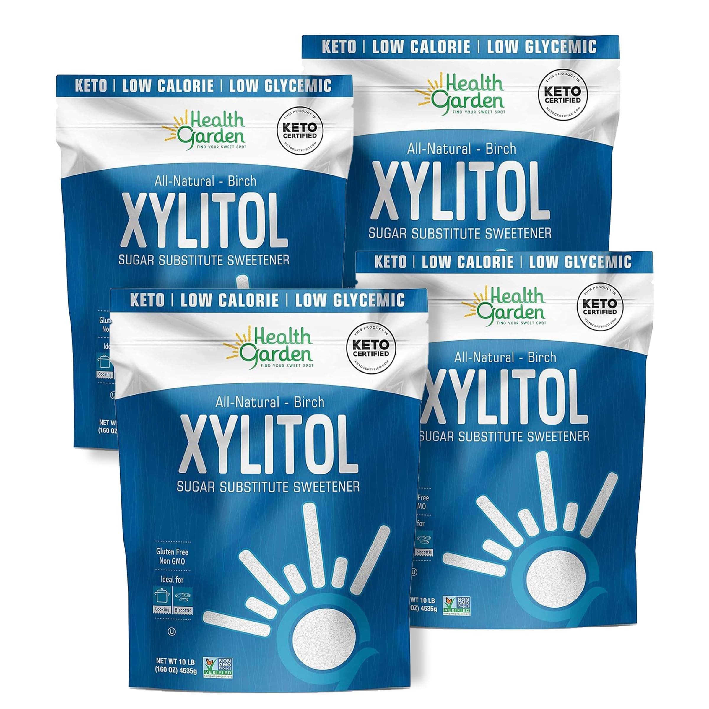 Health Garden Birch Xylitol Sweetener, 160 Oz. x 4, Pure Birch Xylitol, Non-GMO, Kosher, Ideal Powdered Sugar Substitute in Resealable Bag, Low Glycemic Impact Sugar Alternative (10 Lb. Pack of 4)