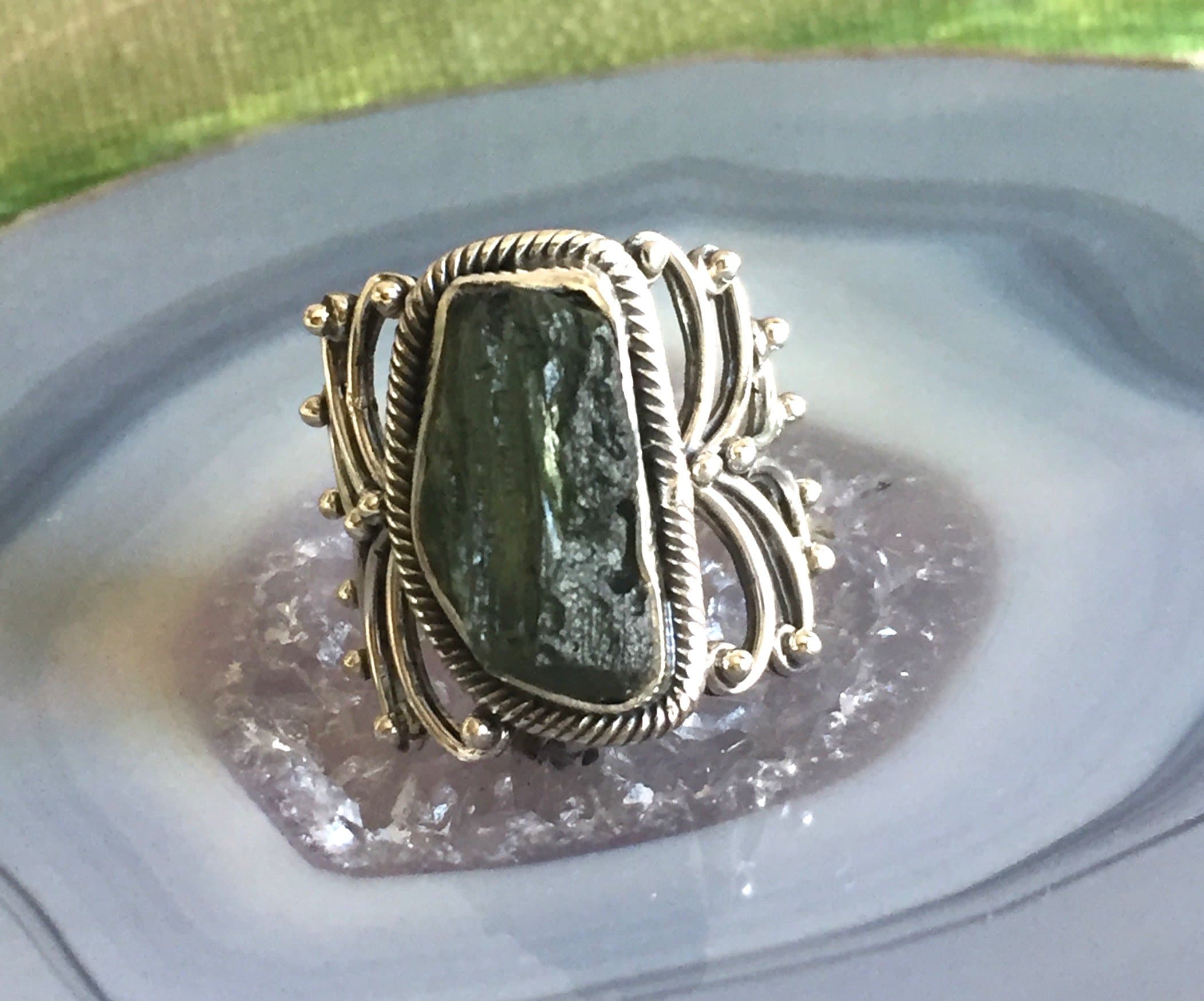 Sz. 7.5, Large Natural CZECH MOLDAVITE Tektite, 925 Sterling Silver Mid Century Style Ring.