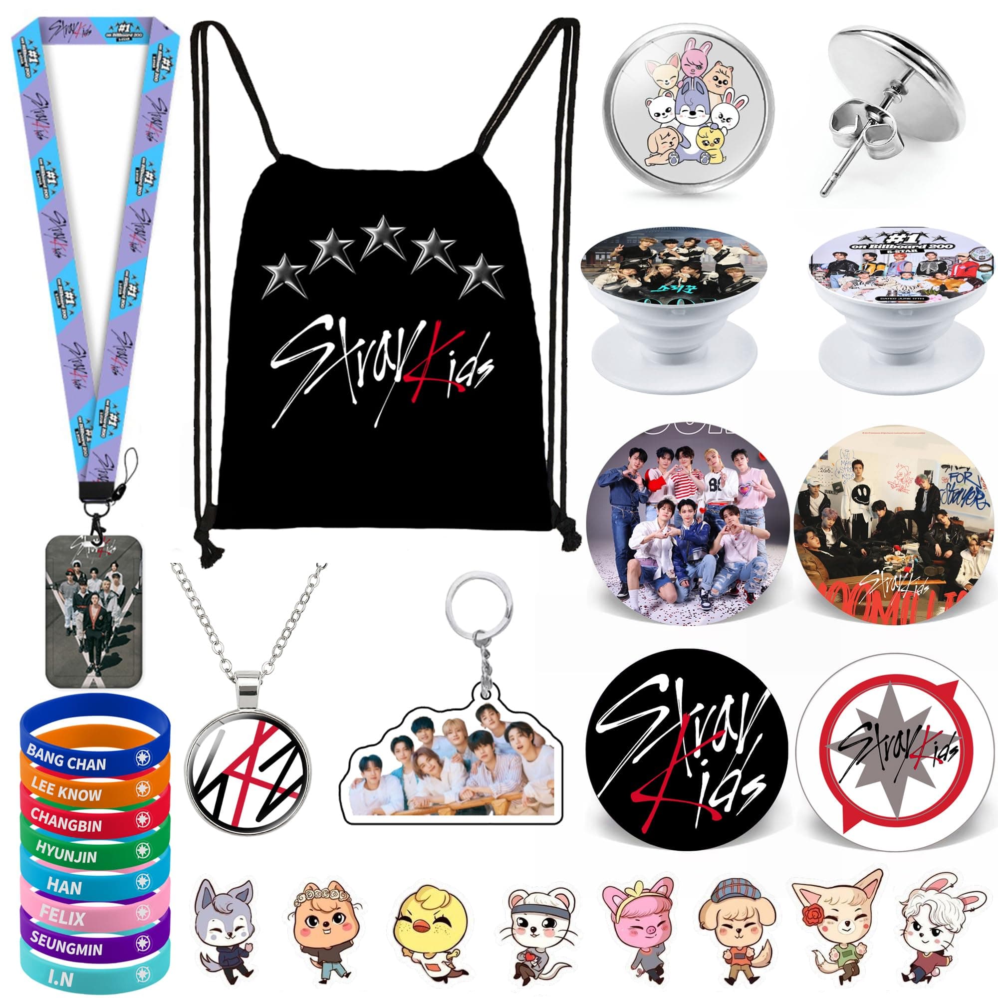 Stray Kids Gifts Set, Including Drawstring Bag Backpack, Necklace, Earrings, Bracelets, Button Pins, Lanyard ID Holder, Keychain, Phone Ring Holder, Cartoon Badge
