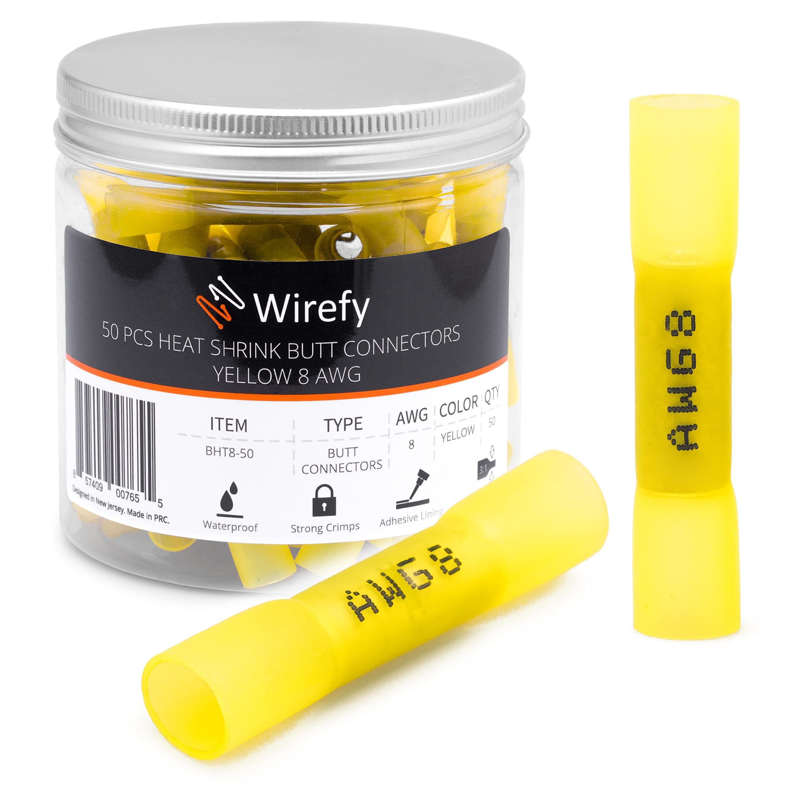 Wirefy 50 PCS Heat Shrink Butt Connectors Yellow 8 AWG - Larger Diameter Marine Grade Butt Connectors - Wire Butt Splice Connectors - Electrical Waterproof Heat Shrink Butts