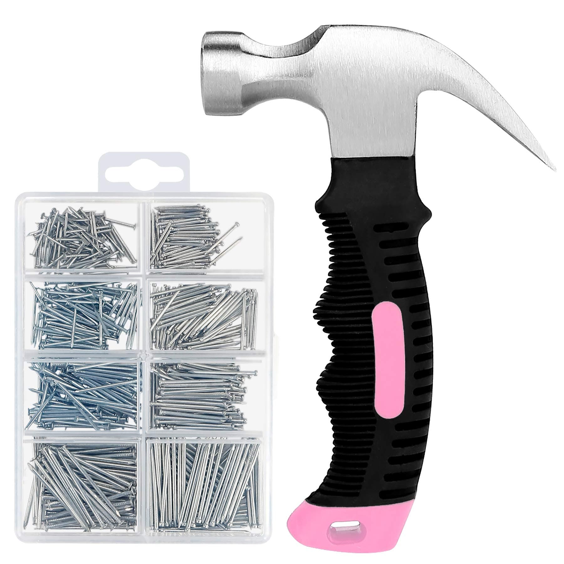 KURUI 700PCs Small Nails for Hanging Pictures & 8oz Small Hammer for Women, Pink Tool for Hanging Canvas Wall Art/Tapestry/Frame, Hardware Nails Assortment Kit for Living Room/Bedroom/Outdoor Decor