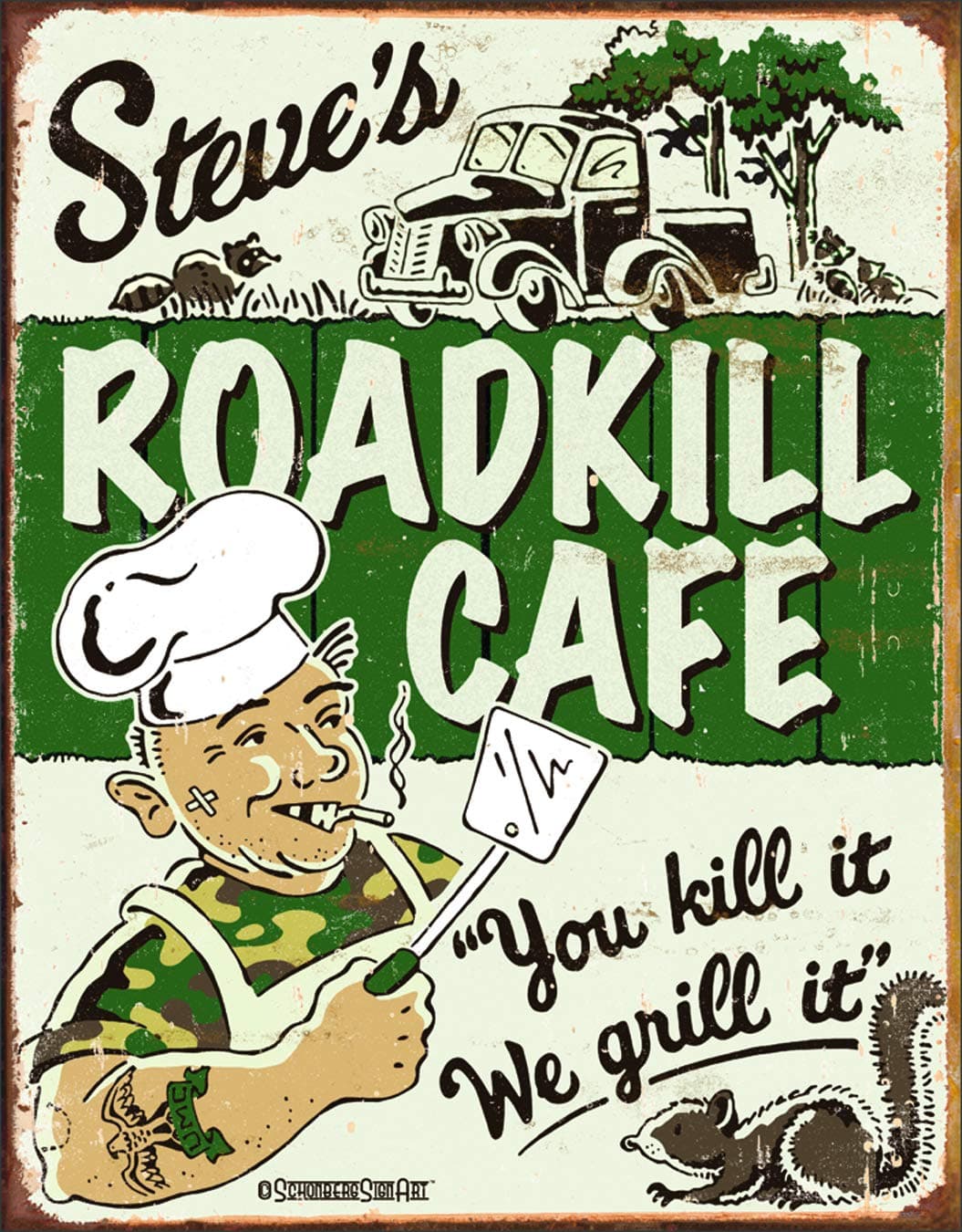 Desperate Enterprises Schonberg - Steve's Roadkill Cafe Tin Sign - Nostalgic Vintage Metal Wall Decor - Made in USA - 12.5" W x 16" H