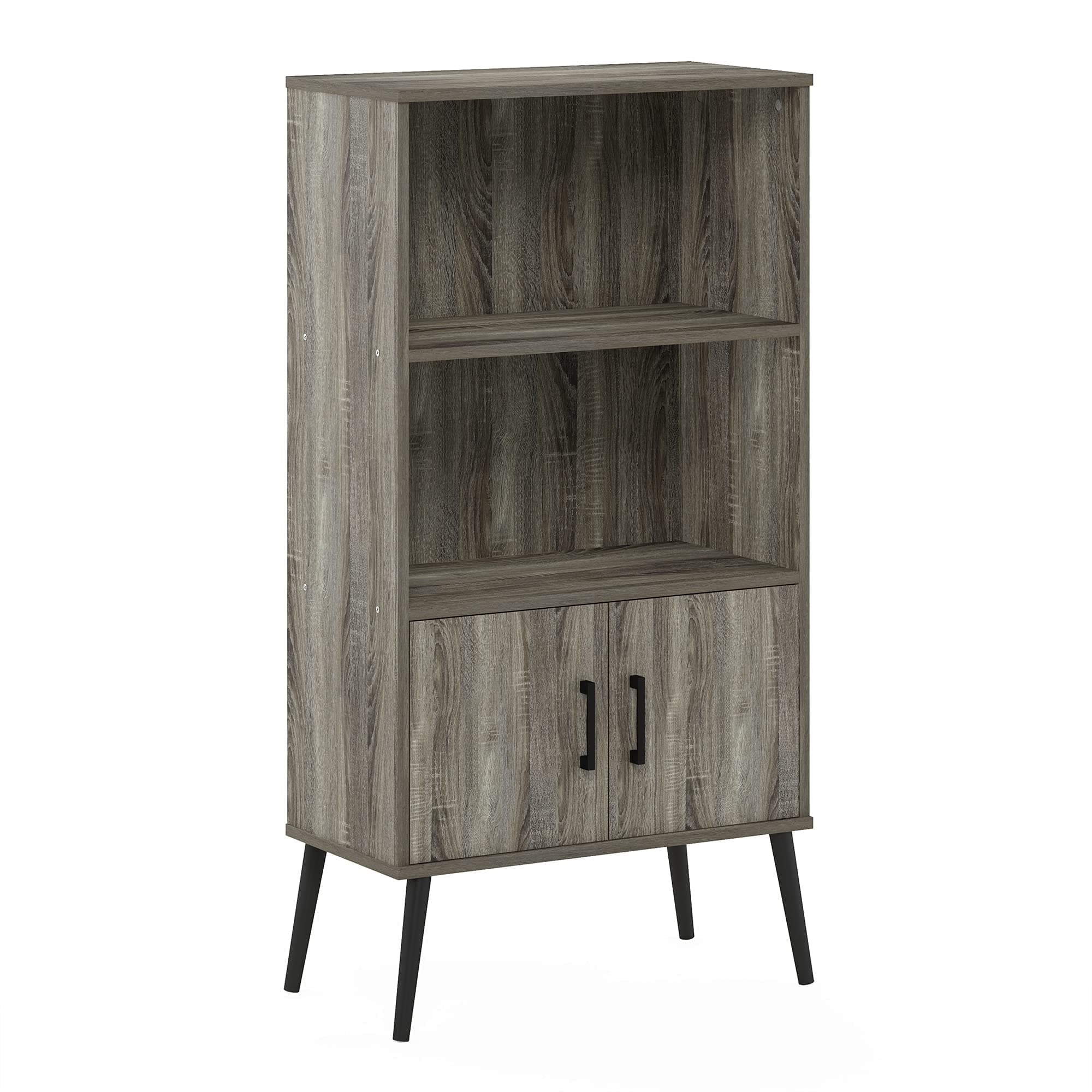 Furinno Claude Mid Century Style Accent Wooden Leg Bookcase Cabinet with Storage Organizer Shelves, French Oak Grey