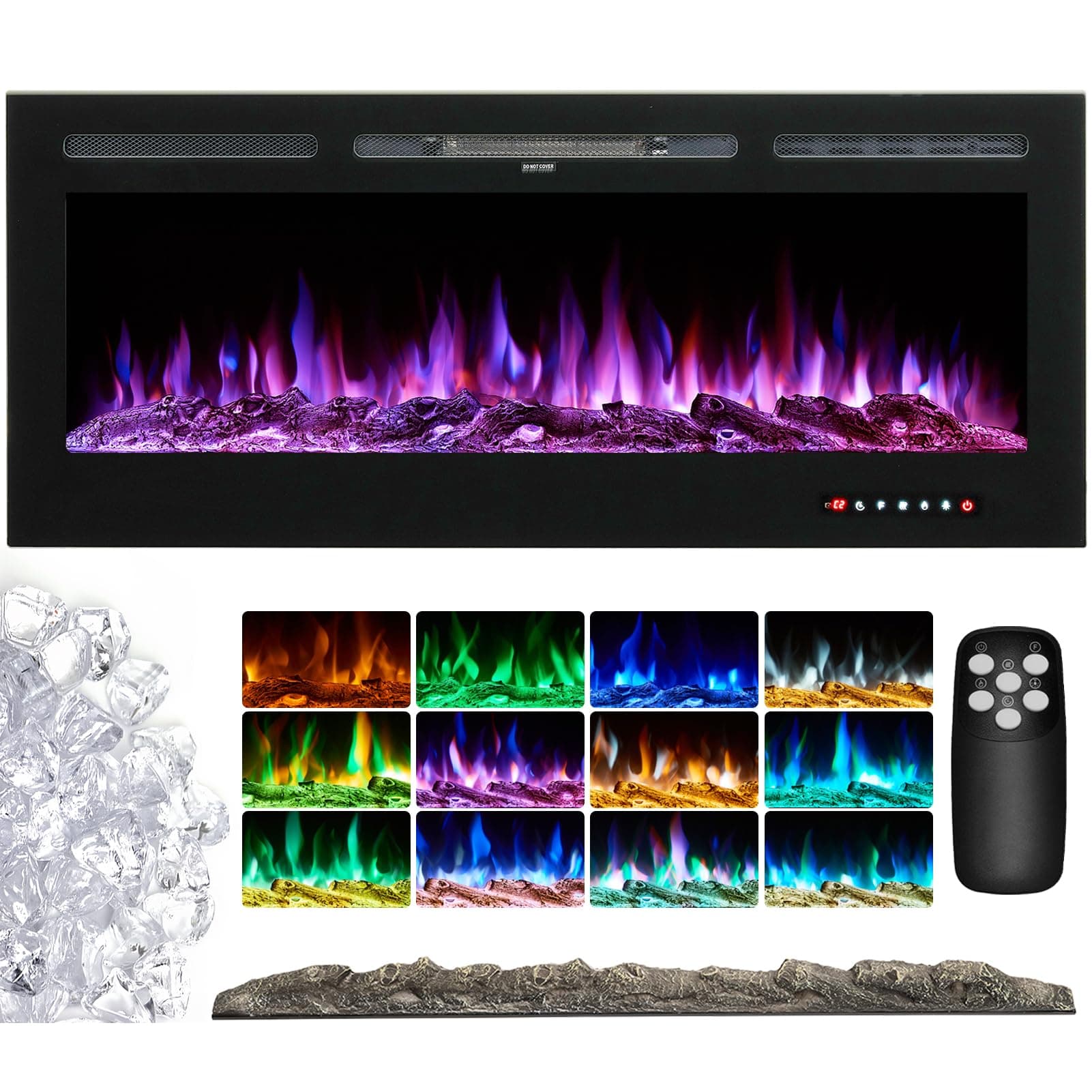 INMOZATA Wall Mounted Electric Fireplace 50inch Electric Fire Heating Insert Recessed into Wall Electric Stove Fire Heater Touch Remote Control 9 LED Color Flame Effect, Crystal with Log Set