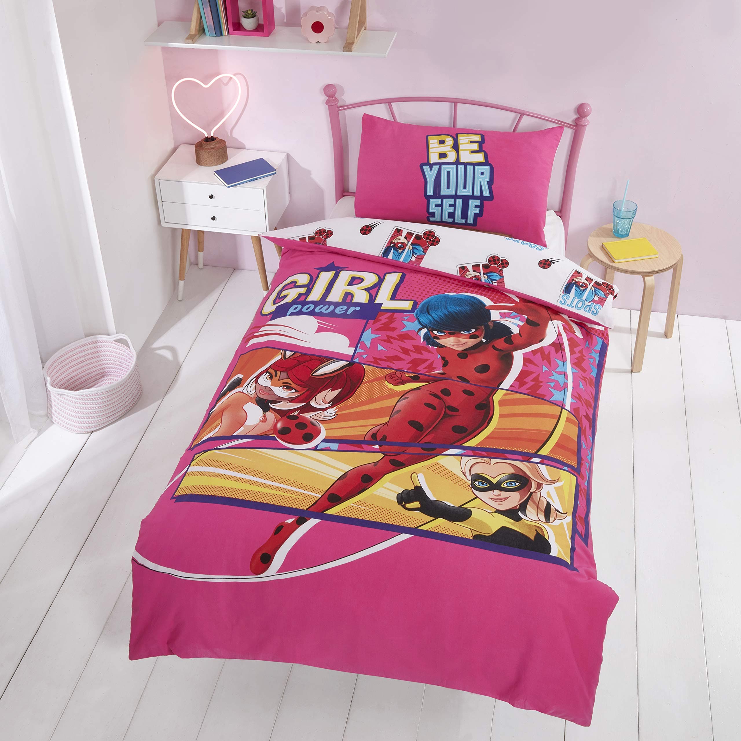 Coco Moon Miraculous Girl Power Ladybug Soft Reversible Single Bed Duvet Cover and Pillow Set for Kids Ideal Super Hero Bedding