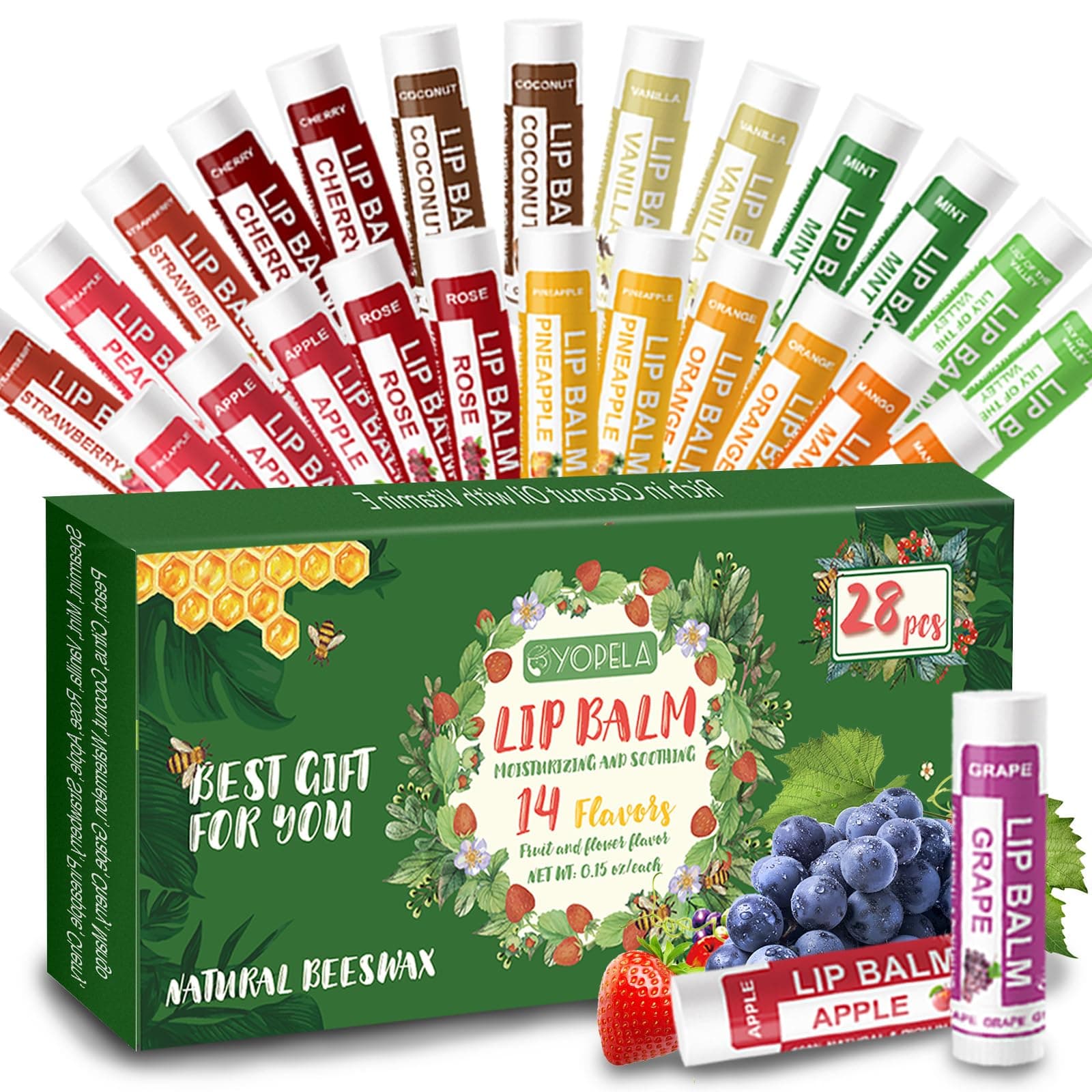 Yopela 28 Pack Natural Lip Balm Bulk with Vitamin E and Coconut Oil - Moisturizing, Soothing, and Repairing Dry and Chapped Lips Valentine's Gift - 14 Flavors - Non-GMO