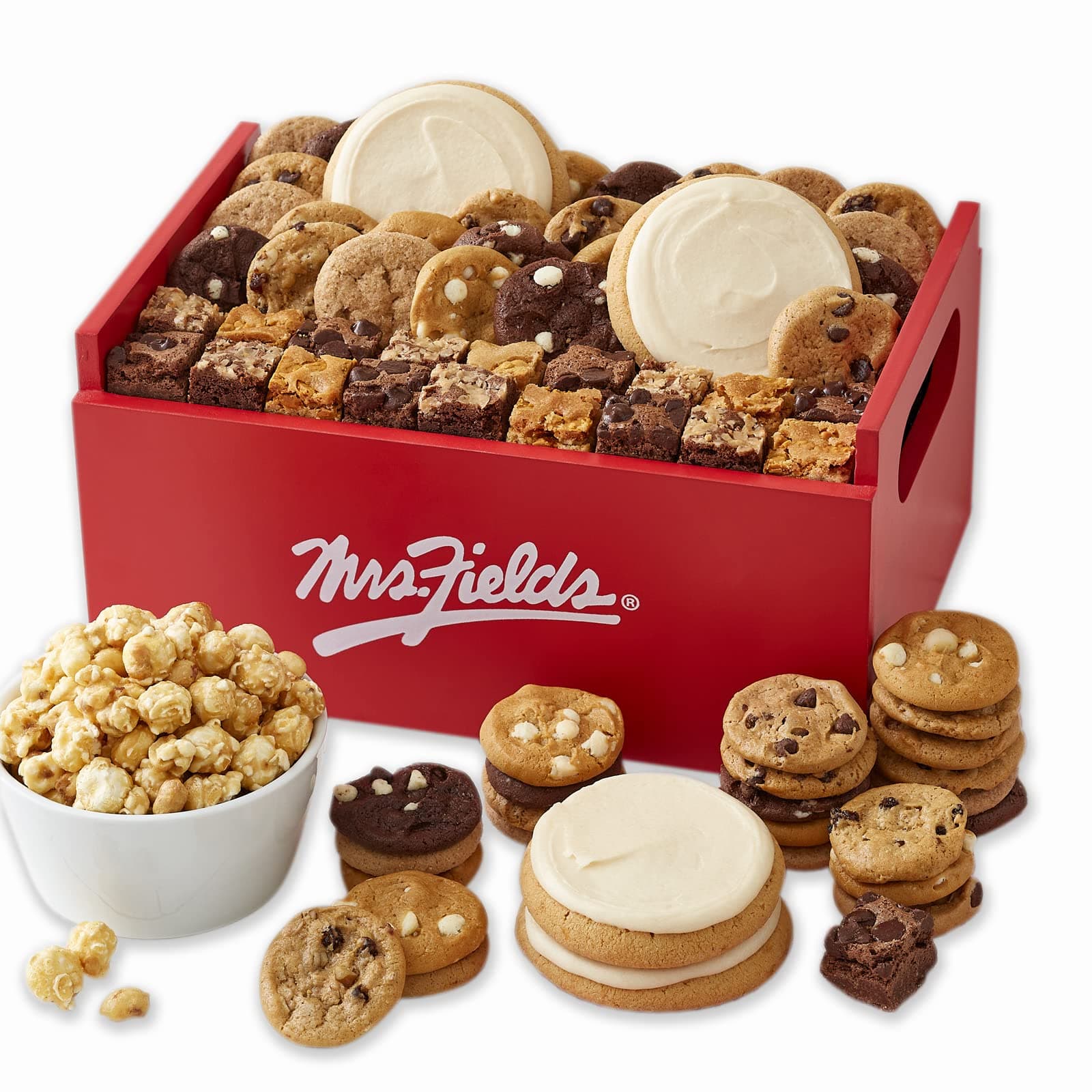 Mrs. Fields - Signature Deluxe Cookie Crate, Assorted with 48 Nibblers Bite-Sized Cookies, 24 Brownie Bites, 4 Frosted Natural Rounds, and 4oz Toffee Nut Popcorn (77 count)