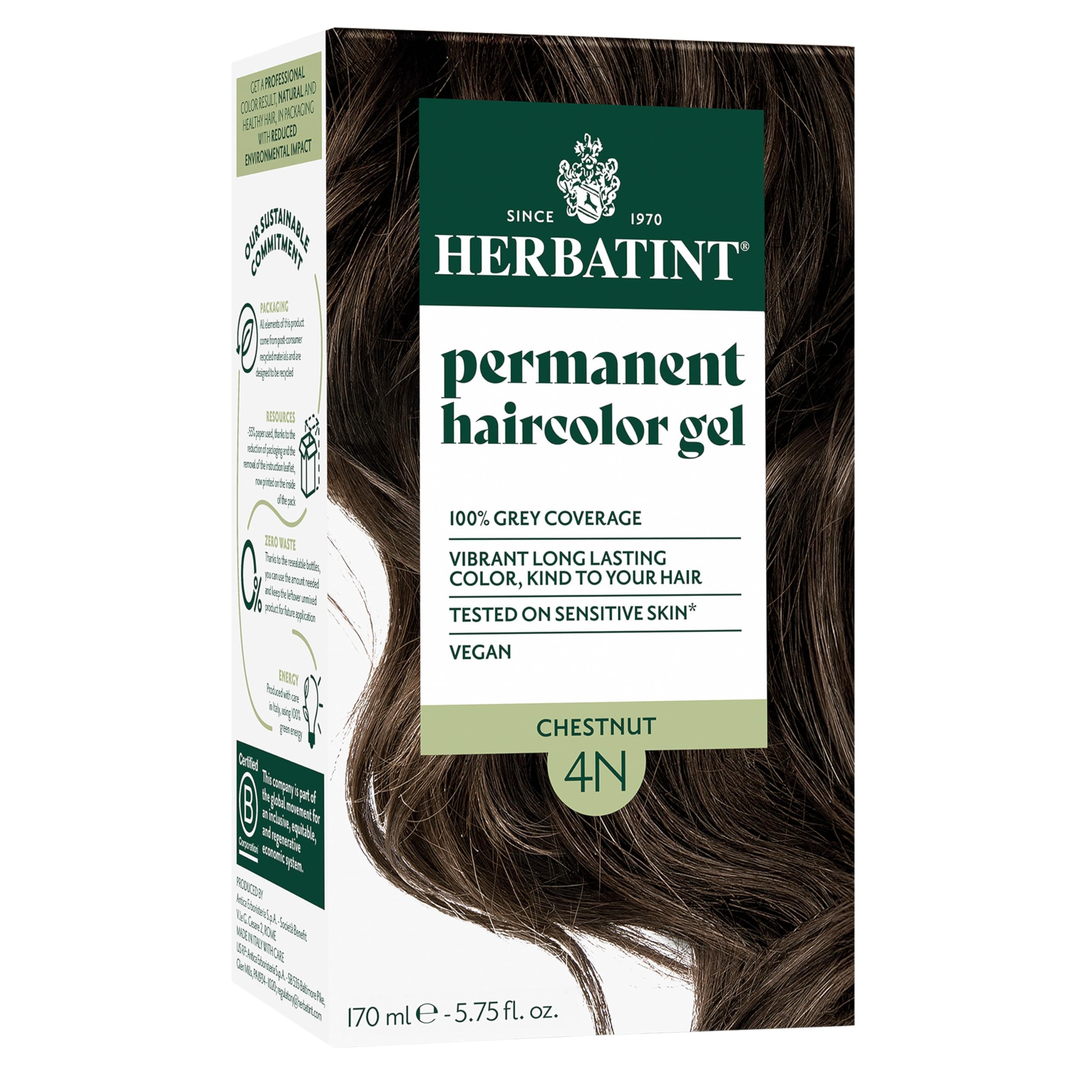 Herbatint Permanent Haircolor Gel, 4N Chestnut, Alcohol Free, Vegan, 100% Grey Coverage - 4.56 oz
