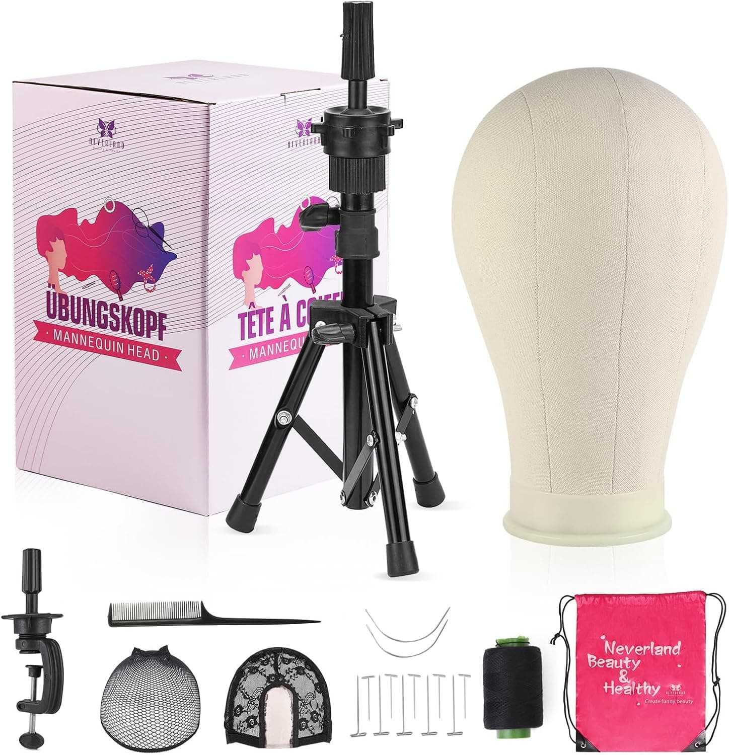 Neverland Beauty & Health 23 Inch Wig Head/ Stand Tripod With Head,Canvas ,Mannequin Head For Wigs,Manikin Block Set, Making Display Caps,T Pins Set Bristle Brush