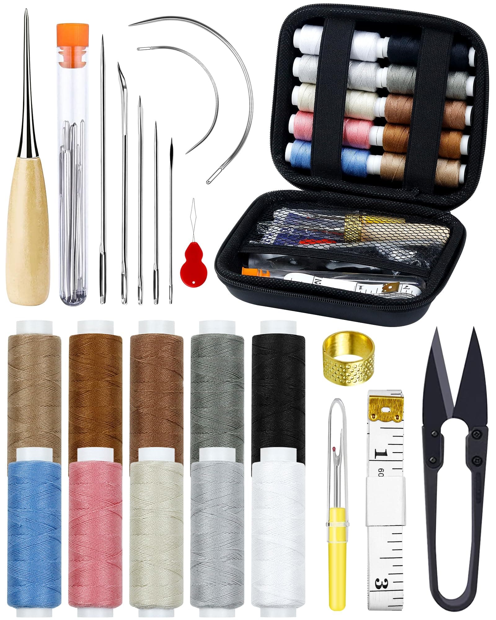 PLANTIONAL Upholstery Repair Sewing Kit, Heavy Duty Sewing Kit with Sewing Awl, Seam Ripper, Leather Hand Sewing/Stitching Needles, Sewing Thread for Car/Sofa/Backpack/Shoe, Craft DIY, 10 Color, 47Pc