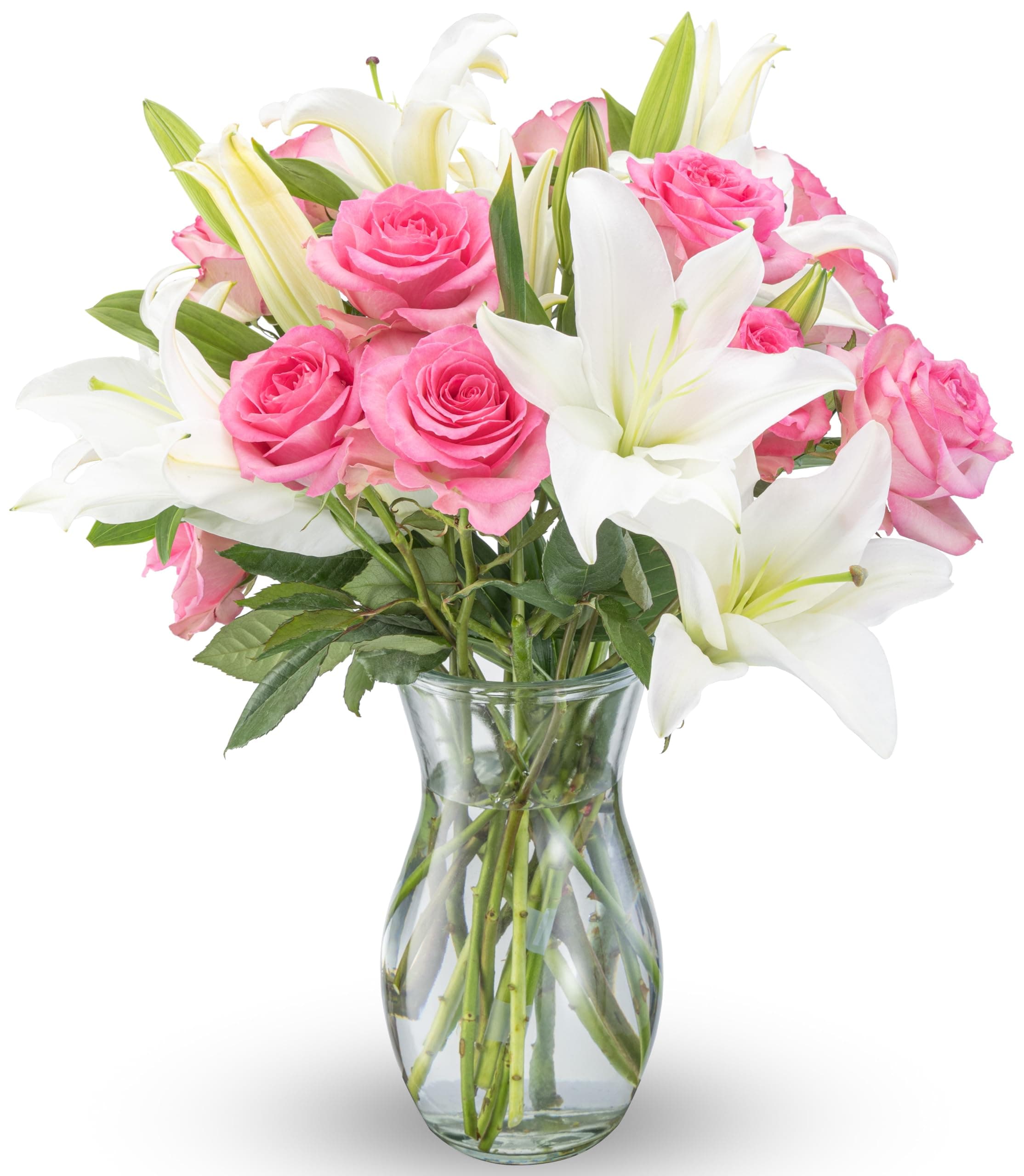 Oriental Lily Flower & Pink Roses Bouquet - Fresh Flowers for Delivery - Real Flowers in a Vase - Romantic Gift Set - Easter Gifts (Glass Vase Included)