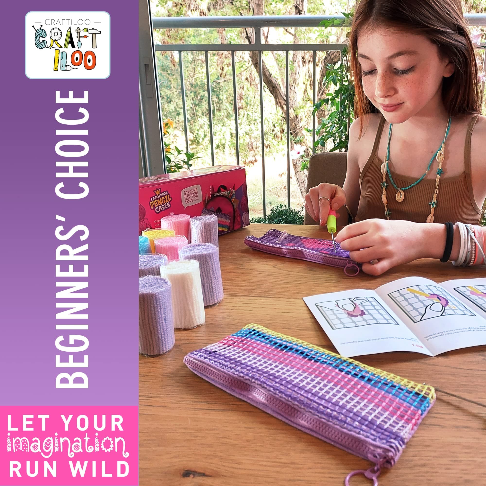 CRAFTILOO DIY 2 Rug Pencil Cases Latch Hook Kits for Kids Sewing Set for Girls Beginners Latchkits Ages 8-12