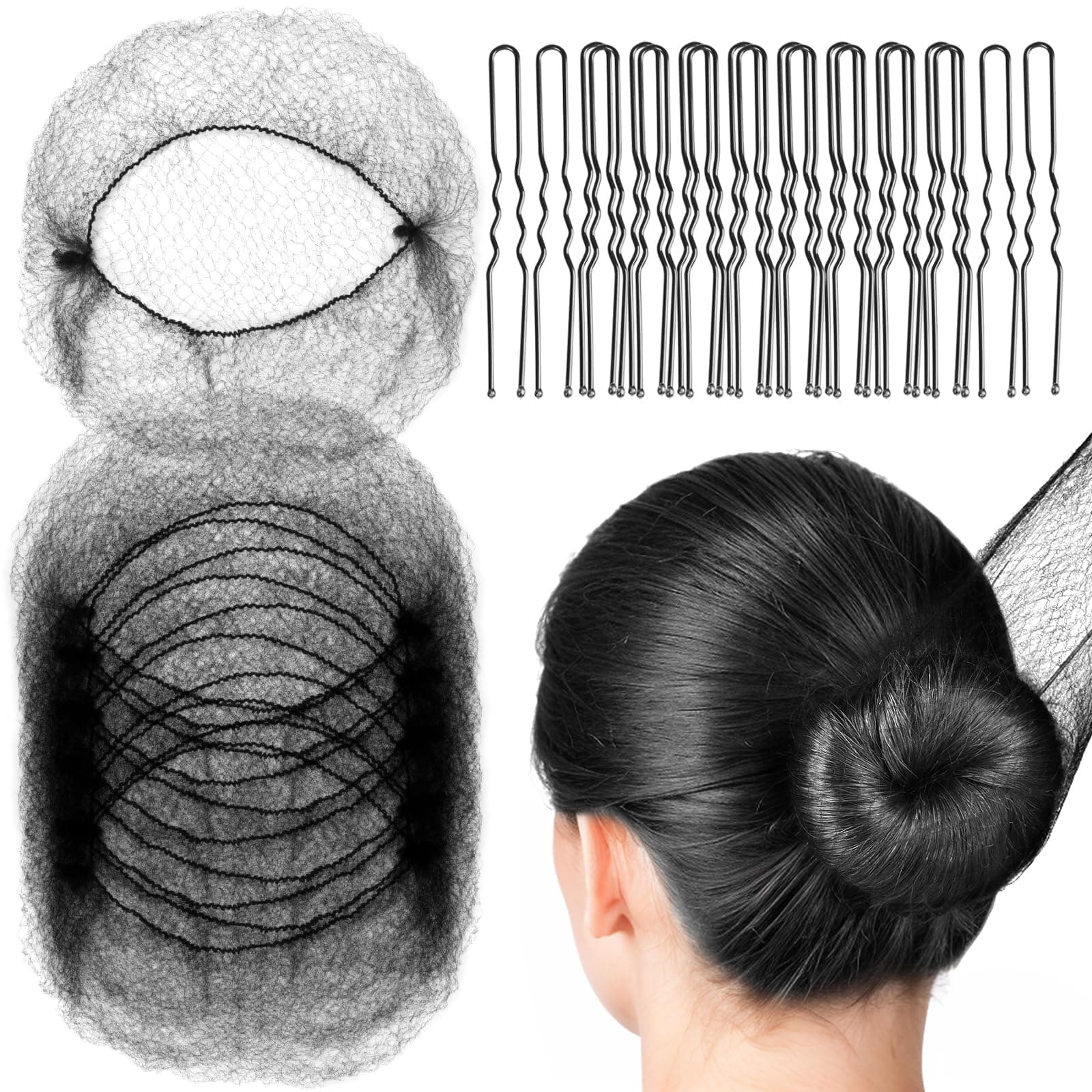 20PCS Hair Nets Invisible and 40PCS U Shaped Hair Pins Set, FANDAMEI 20PCS 50cm Hair Nets for Bun Black Elastic Edge Mesh and 40pcs Hair Bun Pins for Women, girls, Ballet Bun Maker Dance (Black)