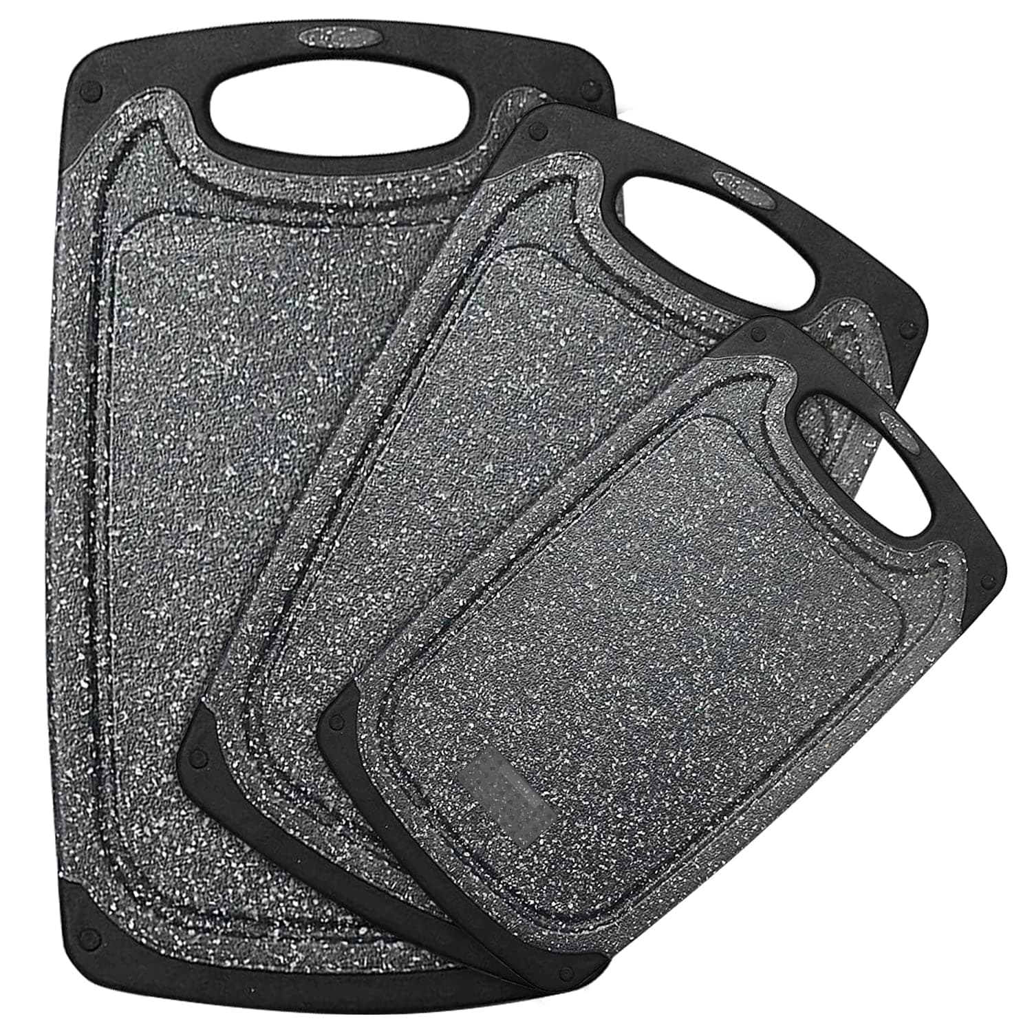 Plastic Cutting Board, 3 Pieces Dishwasher Safe Cutting Boards with Juice Grooves, Easy Grip Handle, Non-Slip, with Grinding Area for Grinding Garlic and Ginger(Dark Grey, XL)