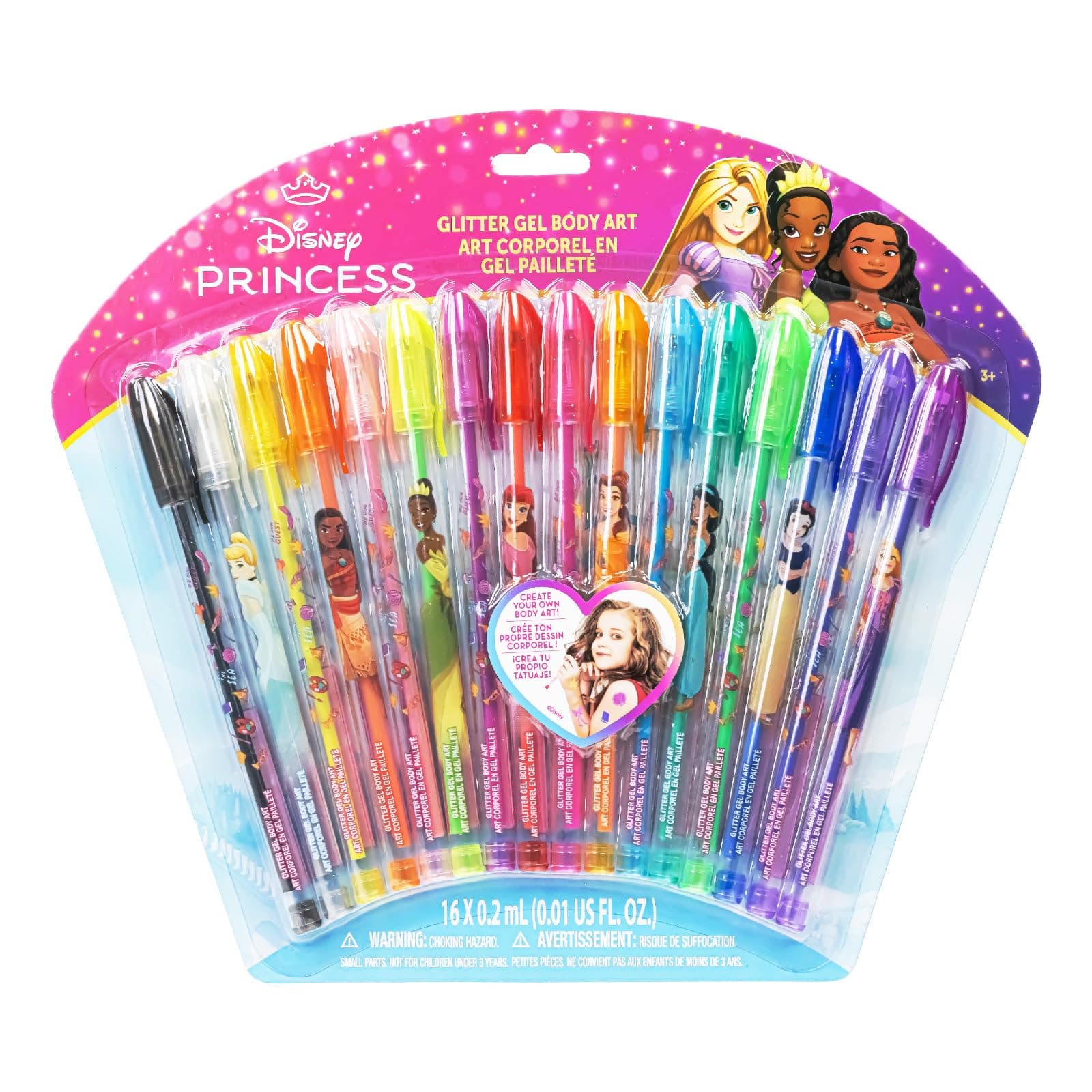 Townley Girl Disney Princess 16 Piece Glitter Pen Body Art Set, Glittery and Bright Colors, Ages 3