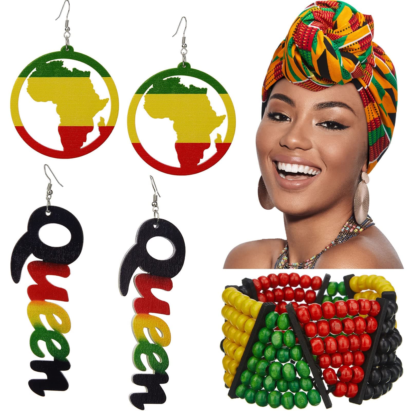 4 Pcs Jamaica African Jewelry Sets for Women Reggae Jamaican Accessories Turban Headband Wood Afro Red Green Black African Map Dangle Queen Earrings Rasta Beaded Bracelet